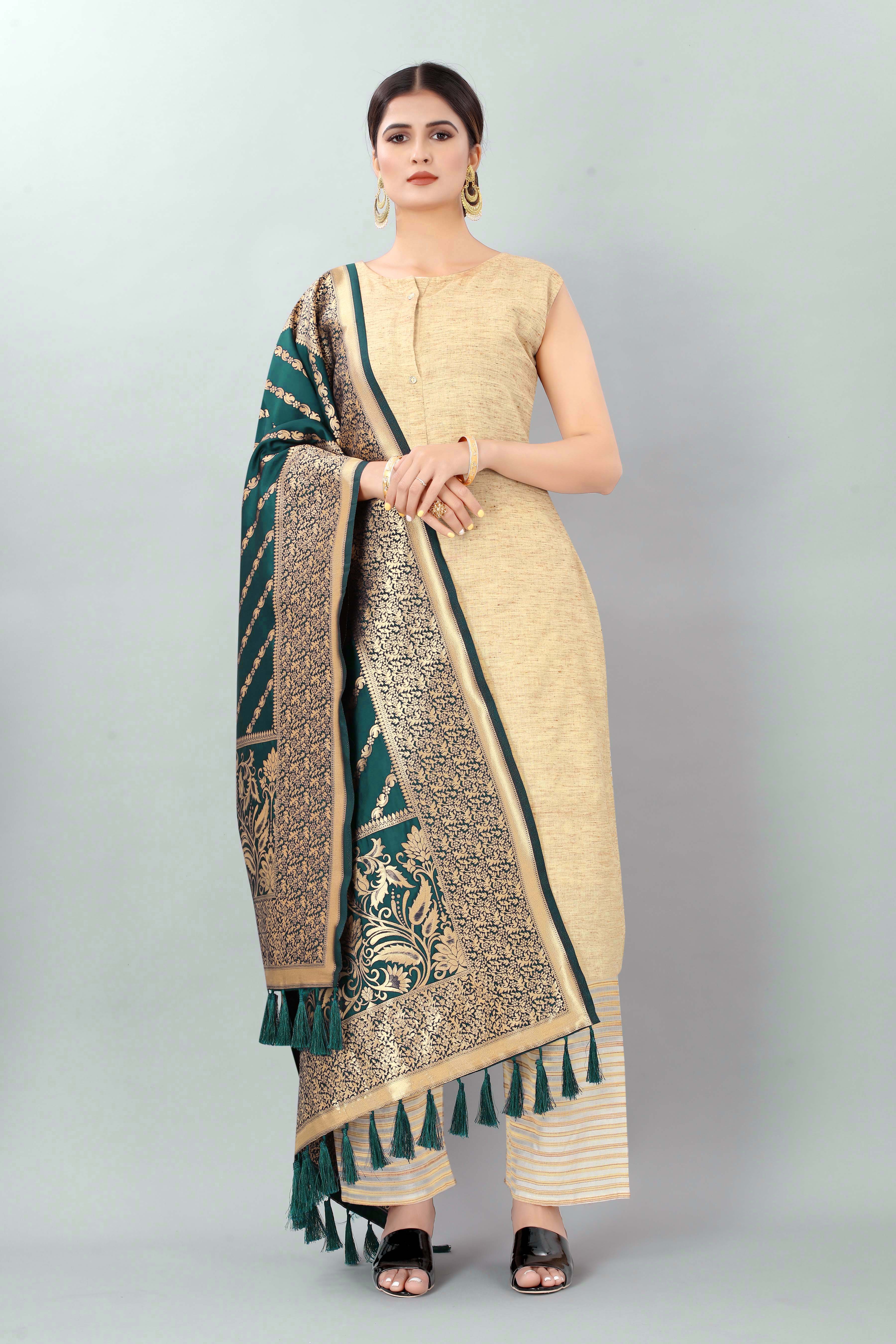 Women Dark Blue & Gold Coloured Striped Dupatta