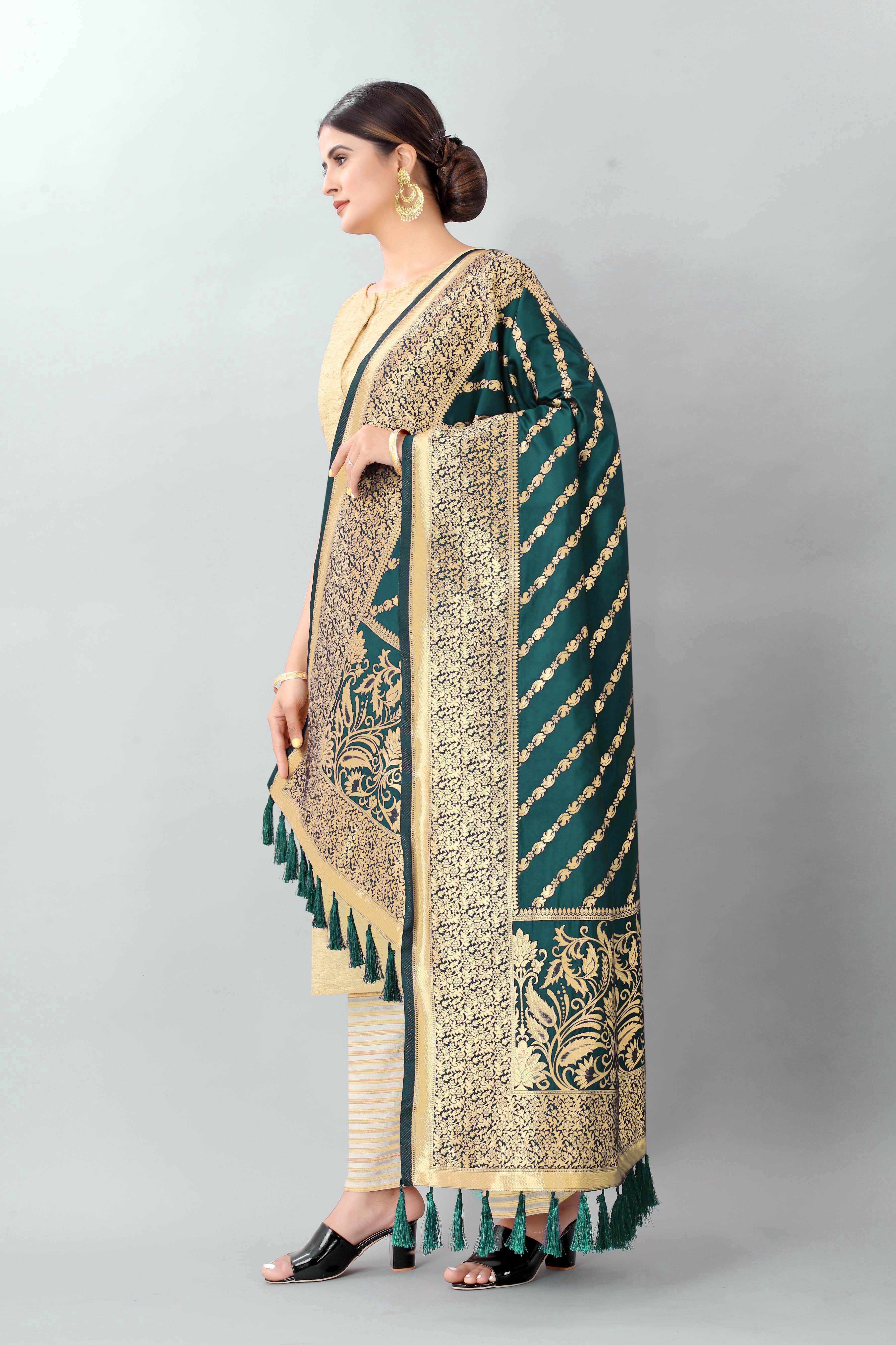 Women Dark Blue & Gold Coloured Striped Dupatta