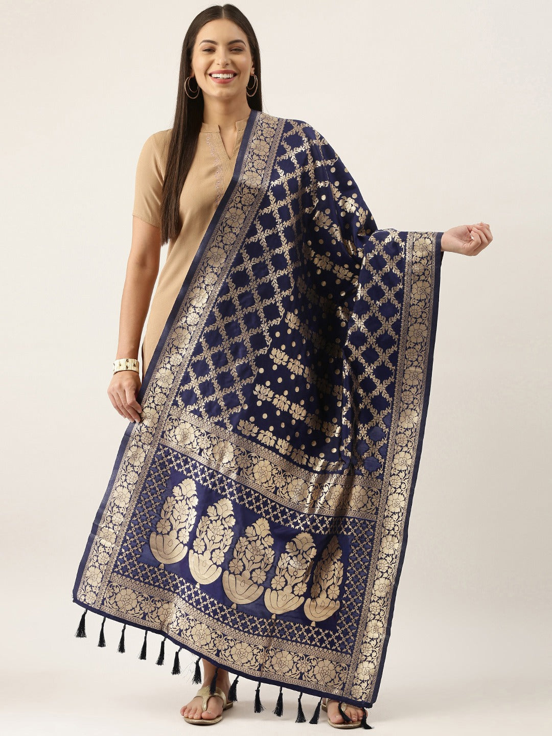 Banarasi Silk Floral Zari Woven Dupatta With tassels