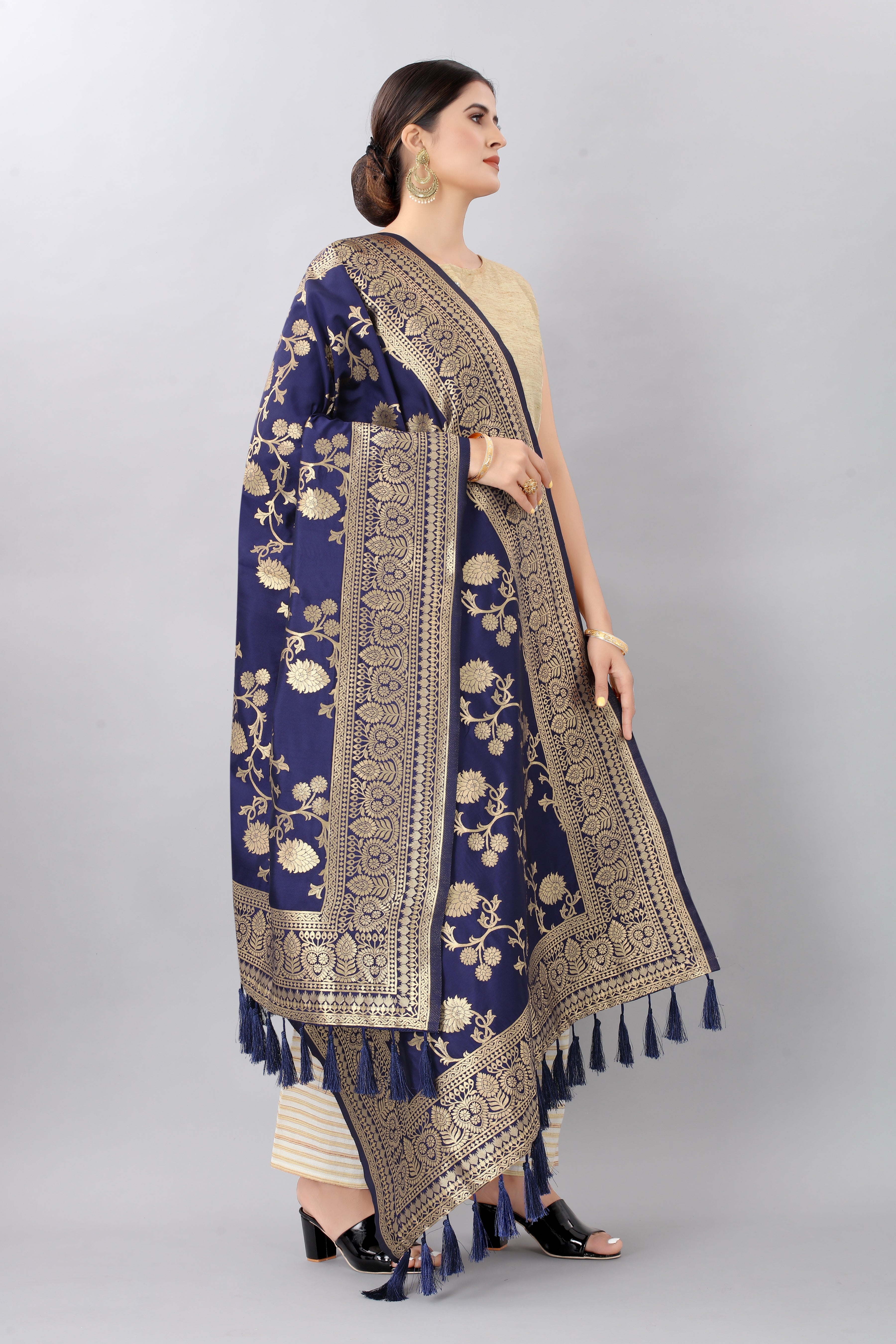 Women Navy Blue & Gold Coloured Jacquared Banarasi Dupatta