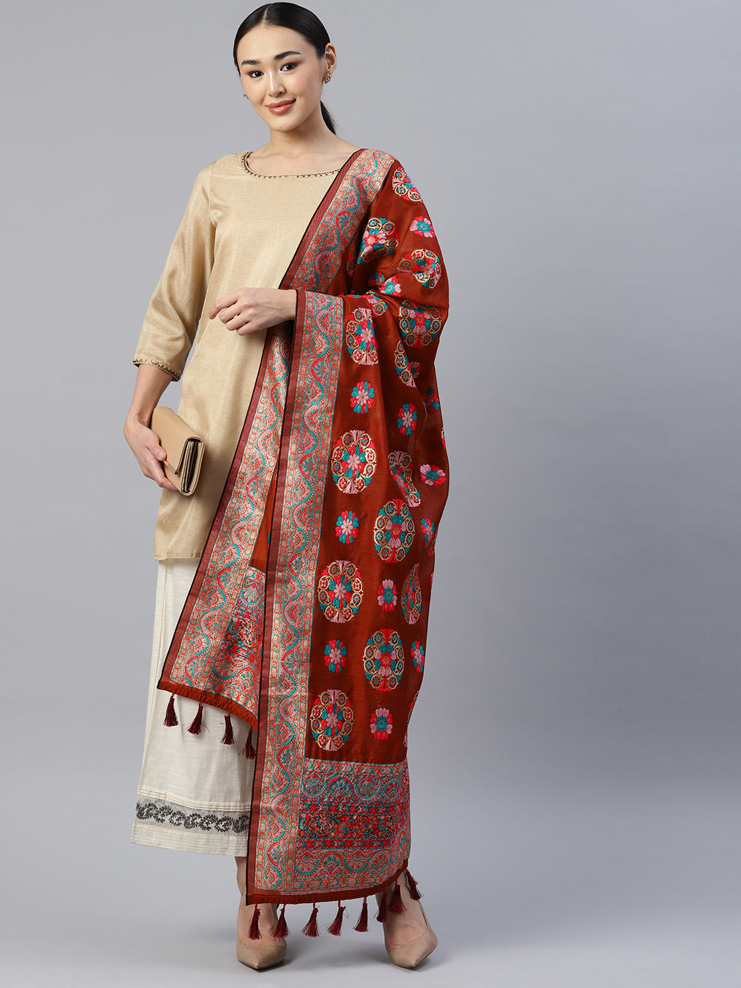 Red & Teal Ethnic Motifs Phulkari Embroidered Dupatta