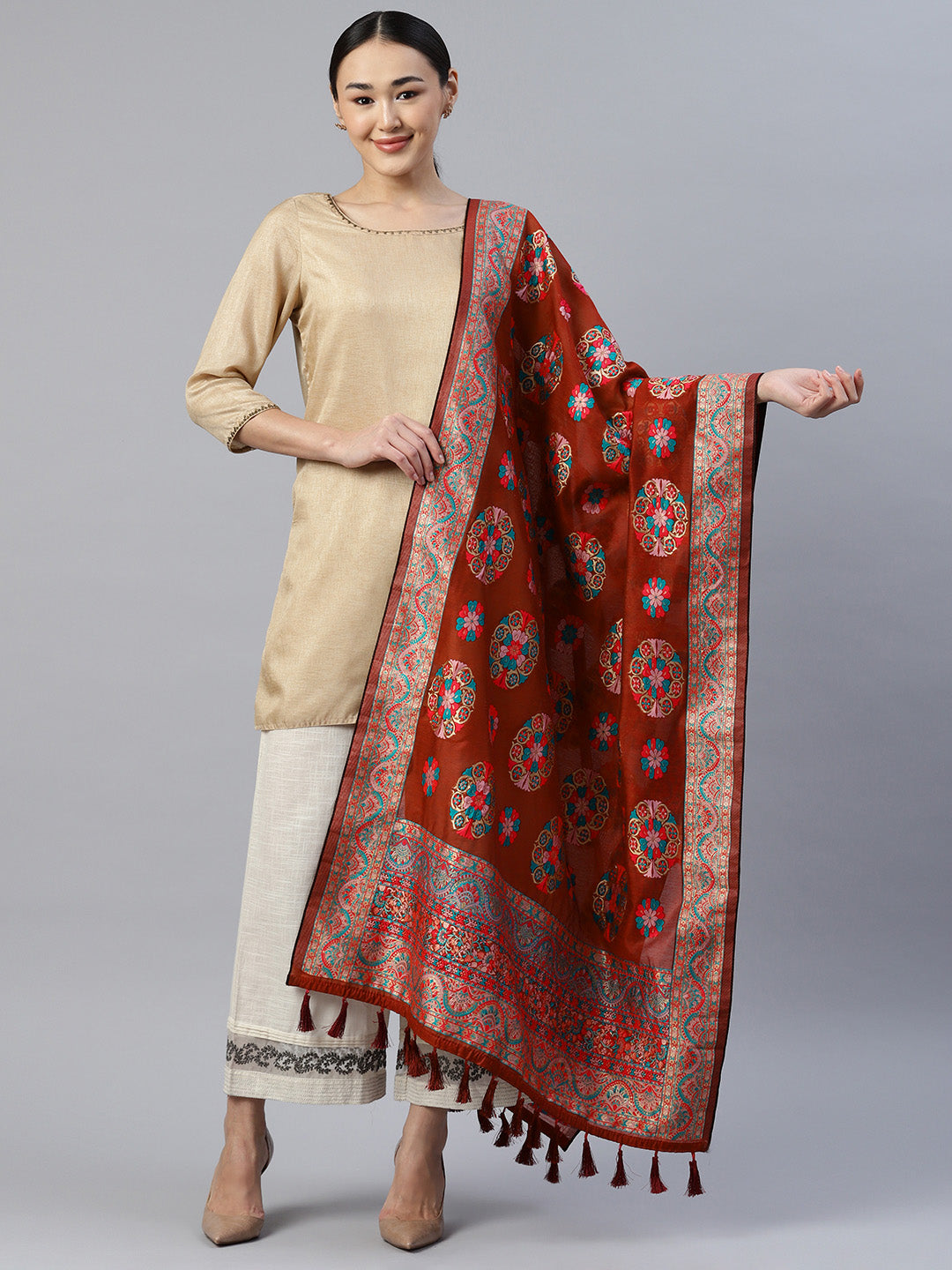 Red & Teal Ethnic Motifs Phulkari Embroidered Dupatta