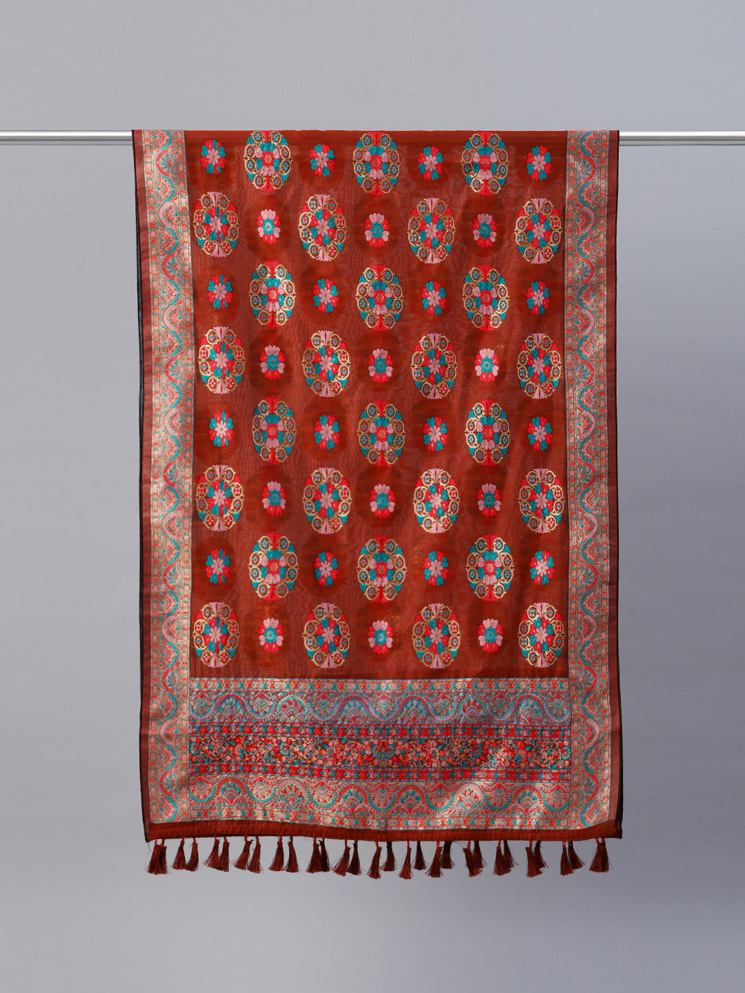 Red & Teal Ethnic Motifs Phulkari Embroidered Dupatta