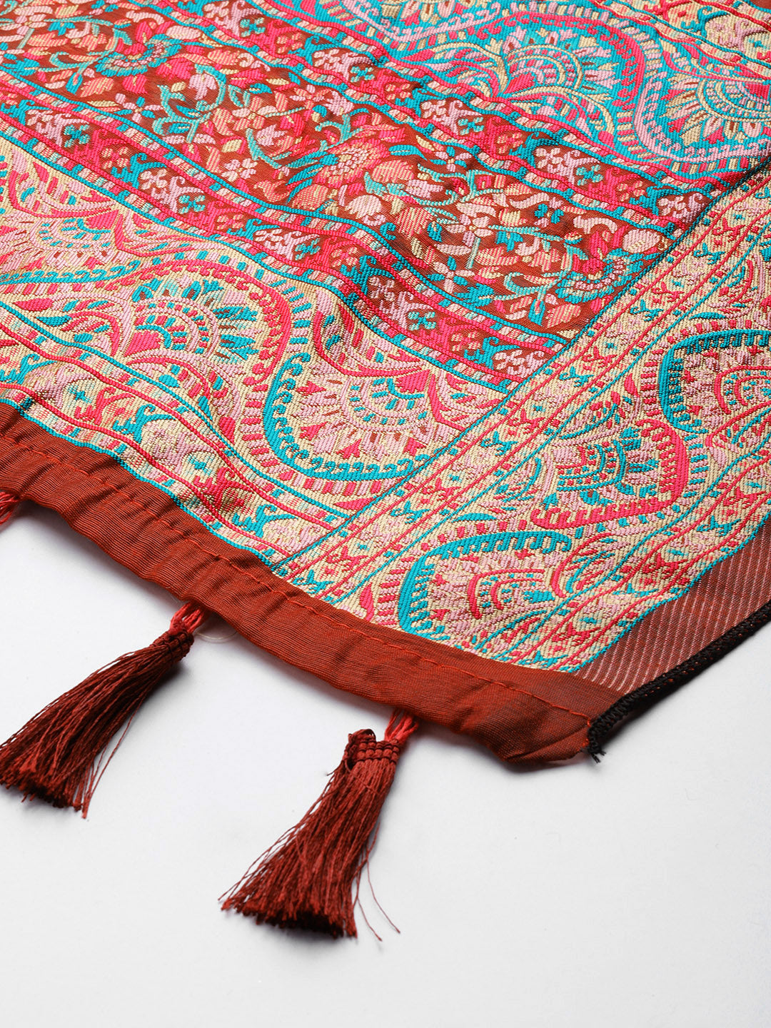Red & Teal Ethnic Motifs Phulkari Embroidered Dupatta