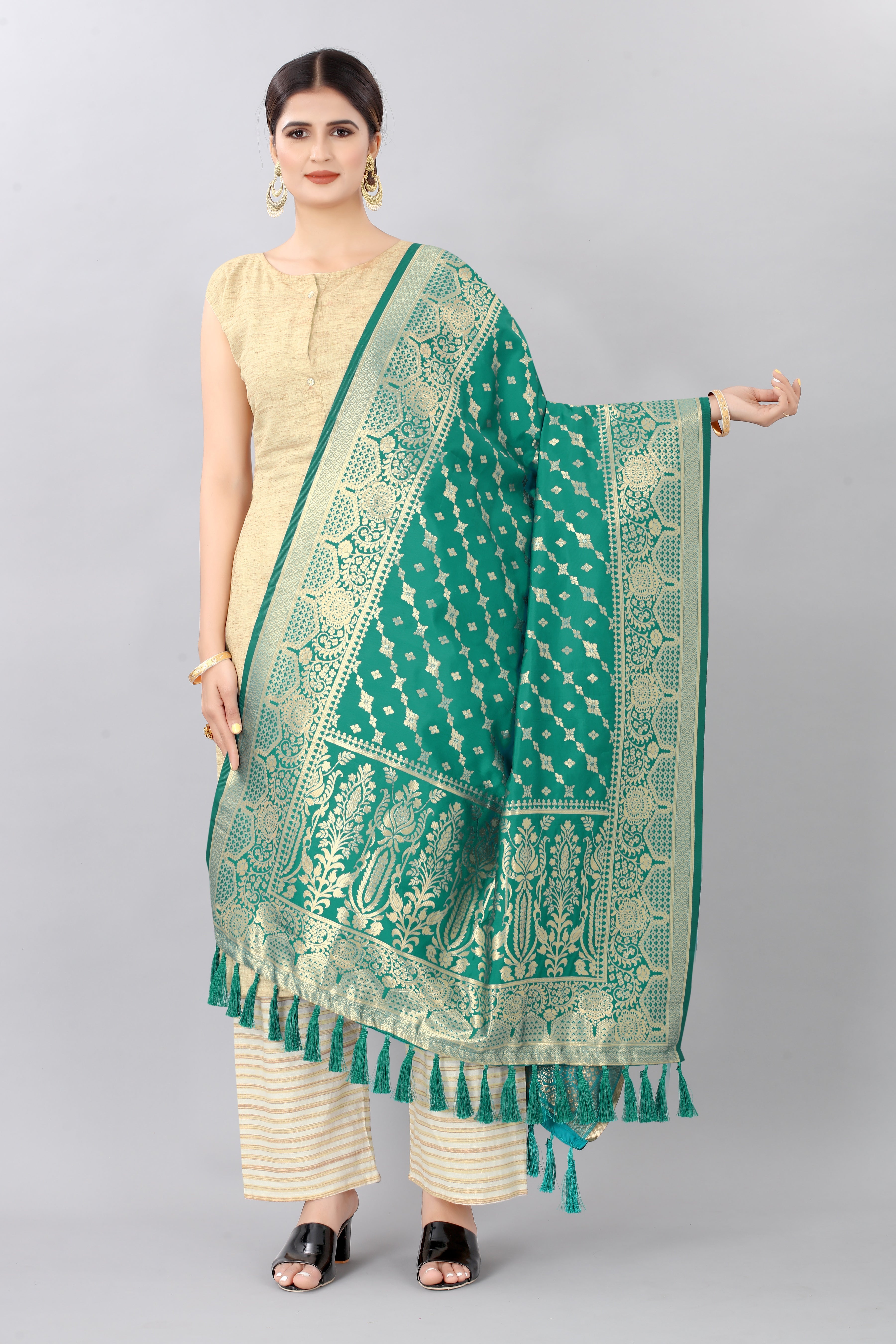 Teal & Gold Toned Woven Design Banarasi Dupatta