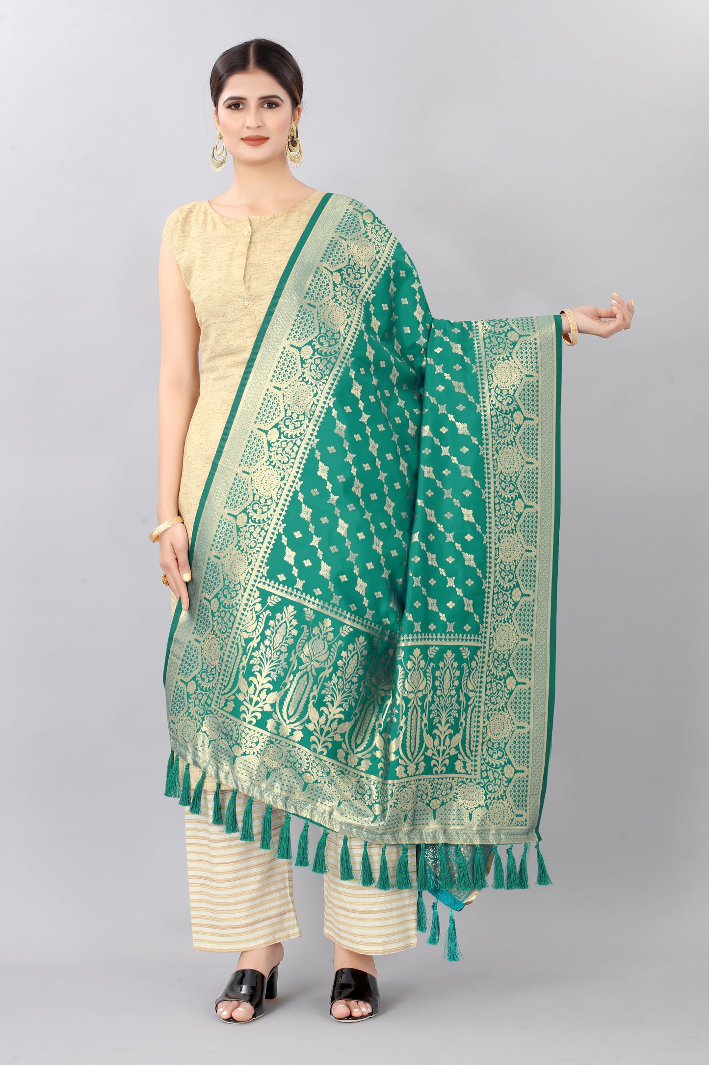 Teal & Gold Toned Woven Design Banarasi Dupatta