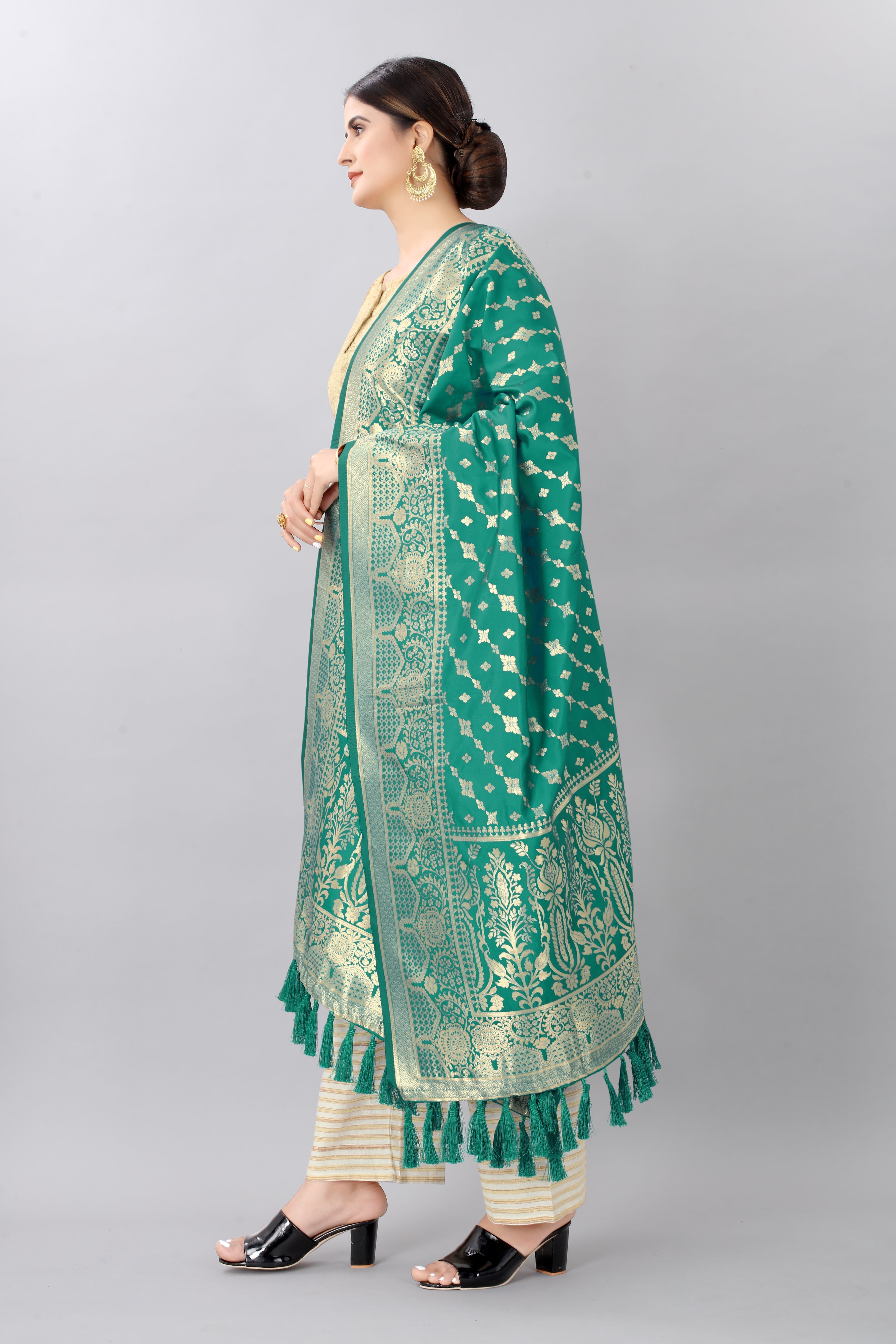 Teal & Gold Toned Woven Design Banarasi Dupatta