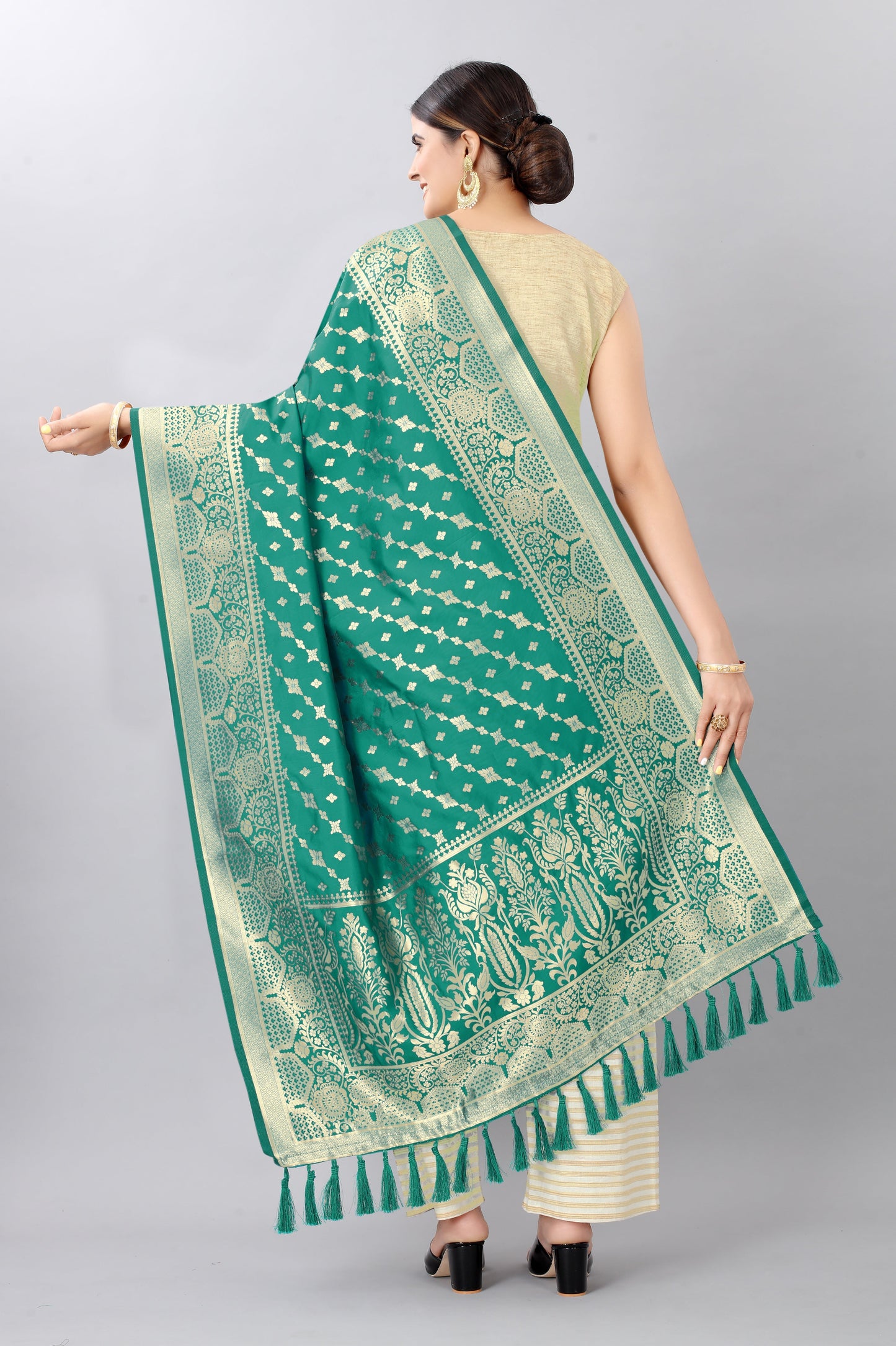 Teal & Gold Toned Woven Design Banarasi Dupatta