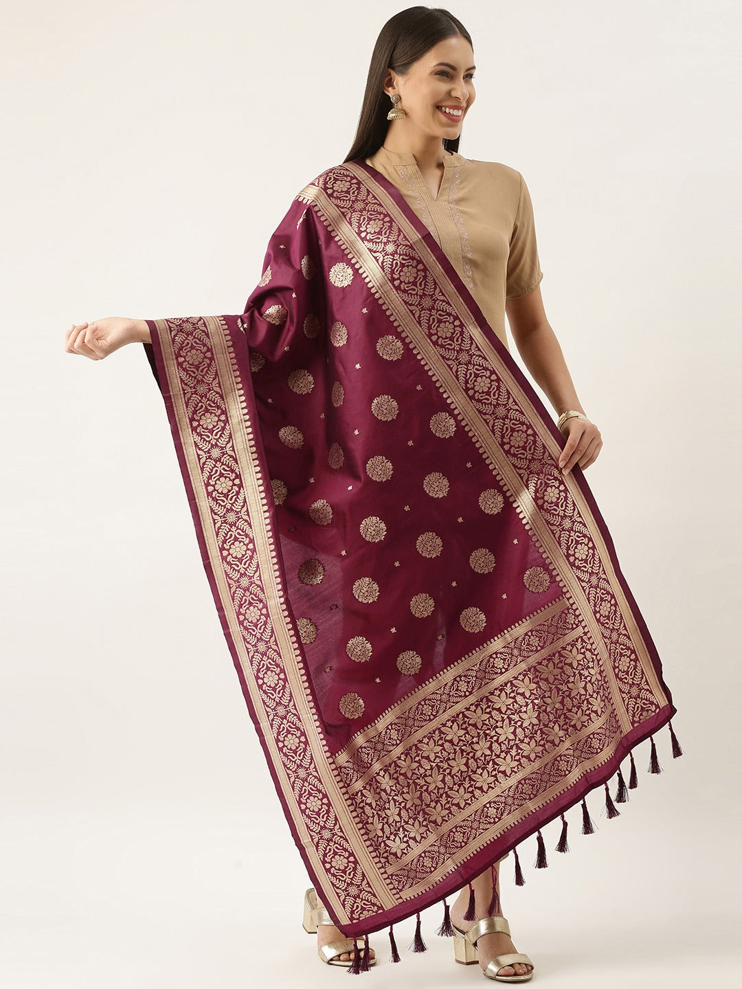 Banarasi Silk Gold Zari Butta With Tassels Dupatta