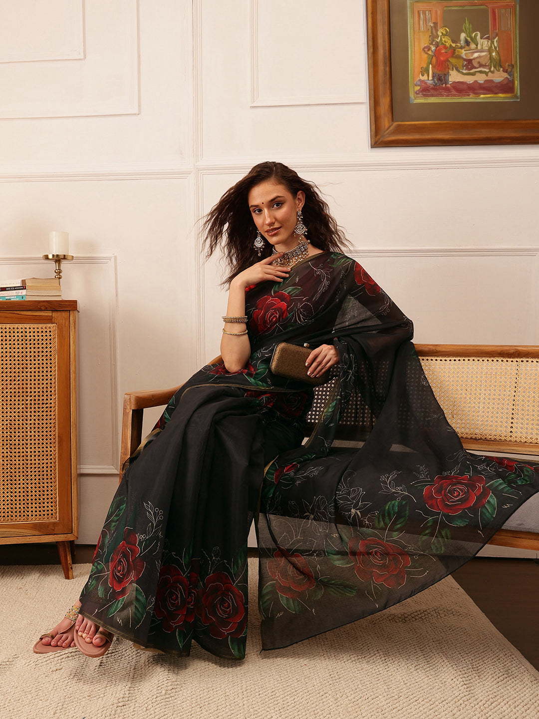 Women's Kalamkari Digital Print Black Saree