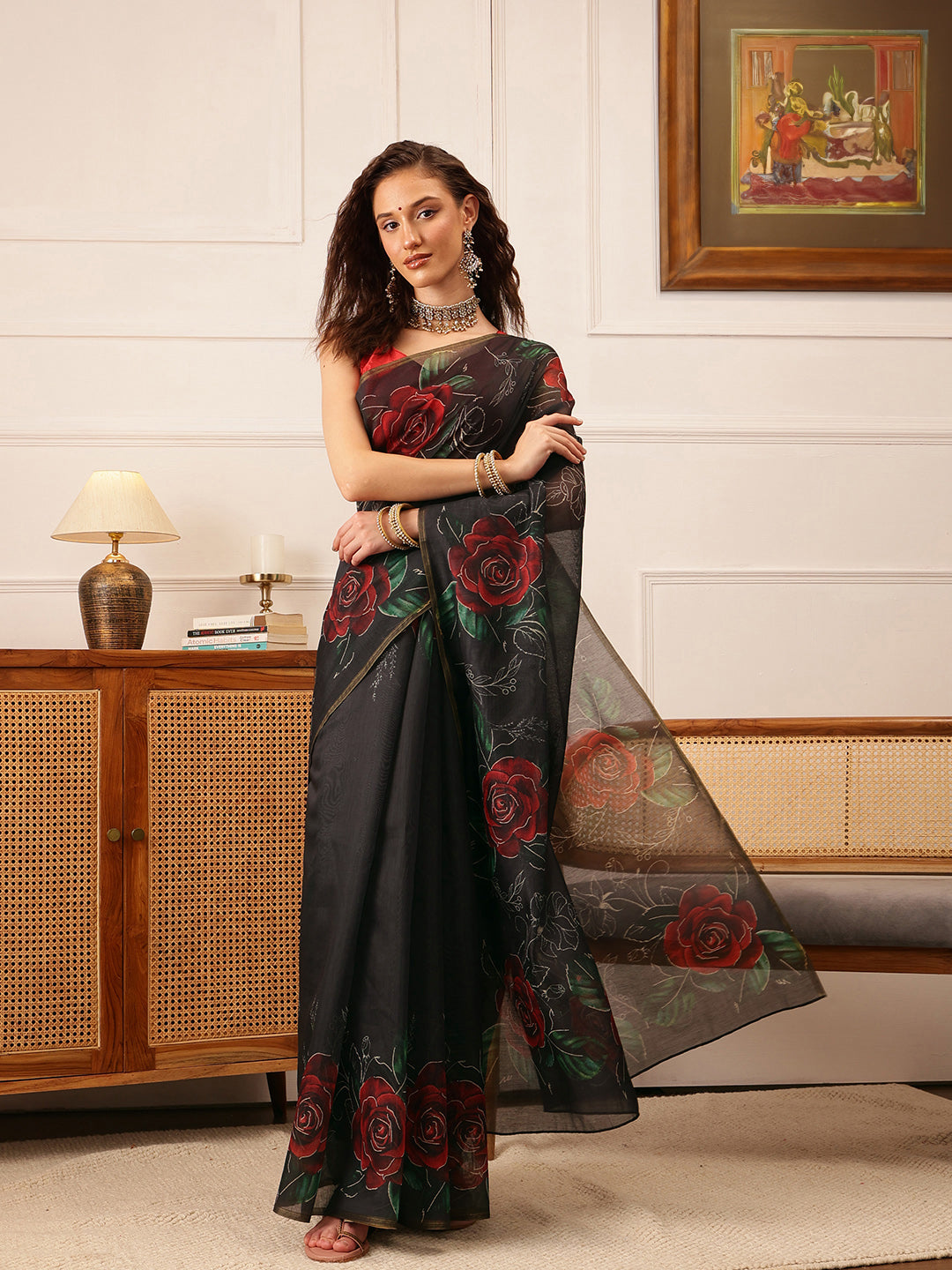 Women's Kalamkari Digital Print Black Saree