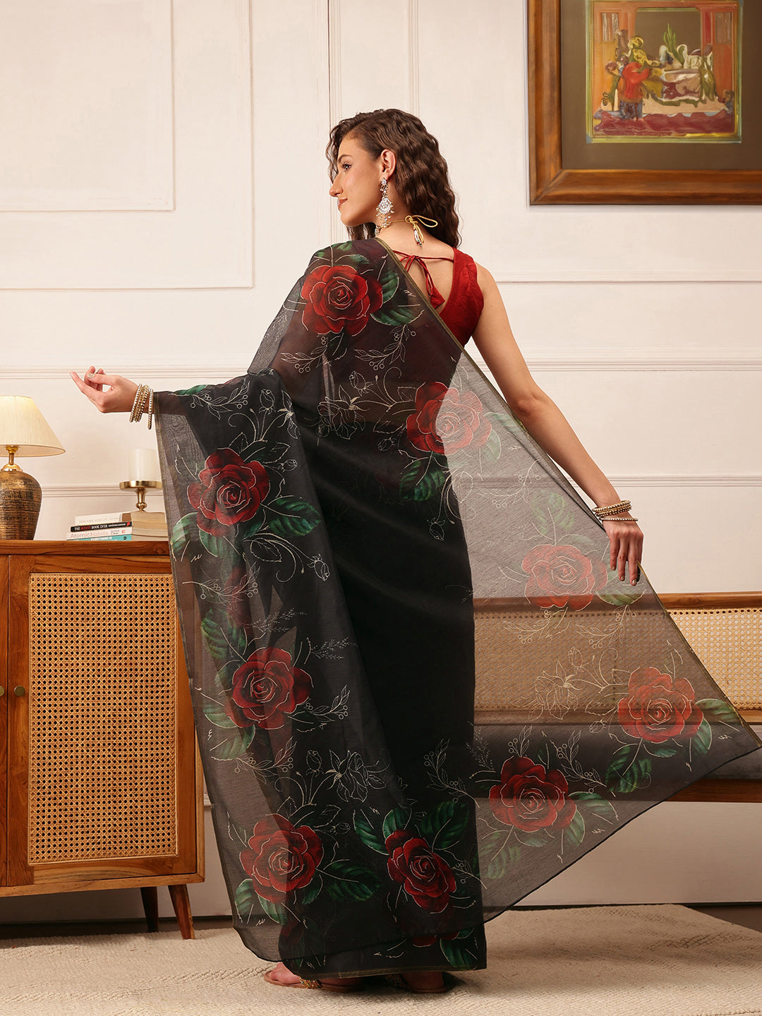 Women's Kalamkari Digital Print Black Saree