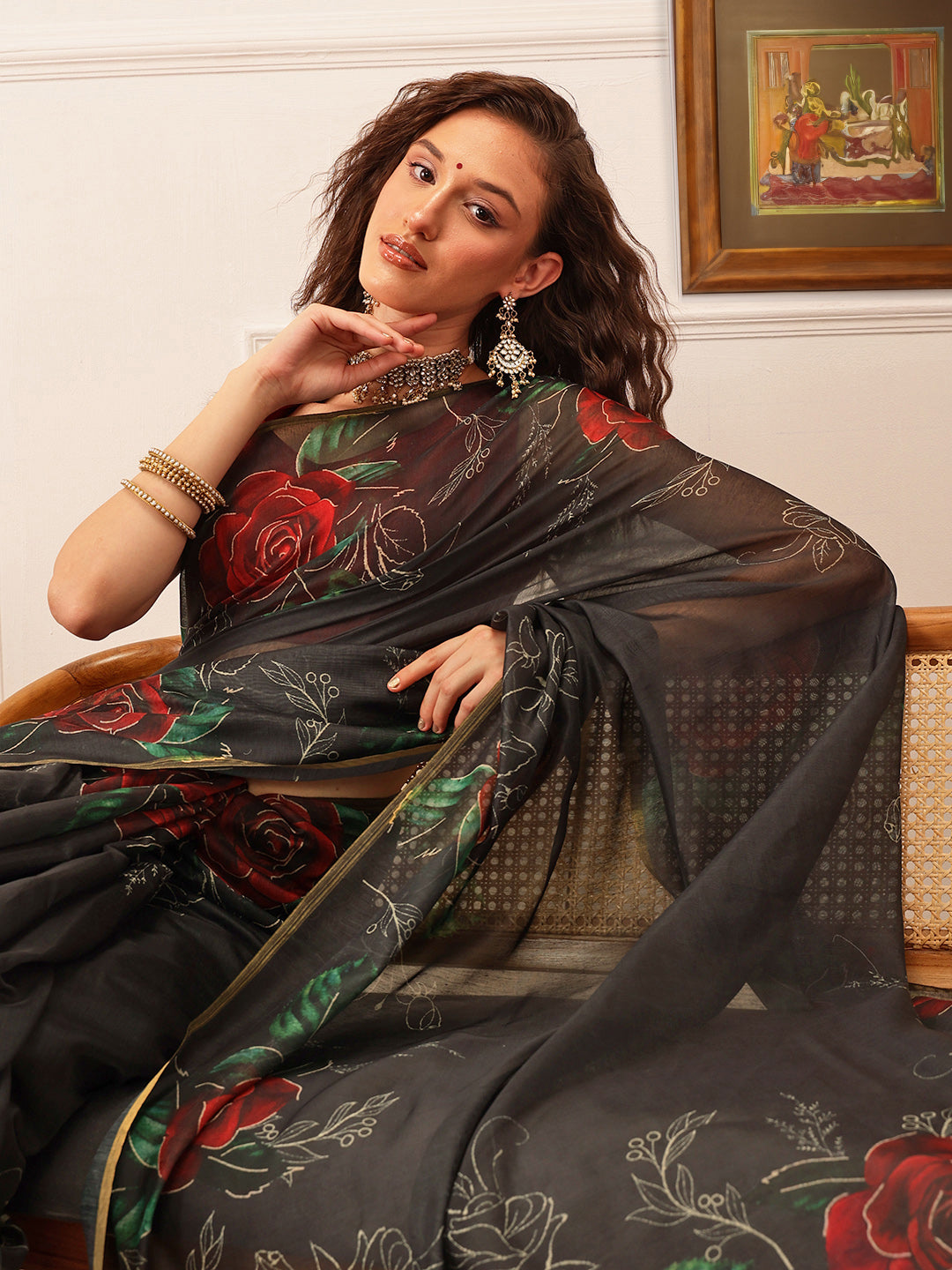 Women's Kalamkari Digital Print Black Saree