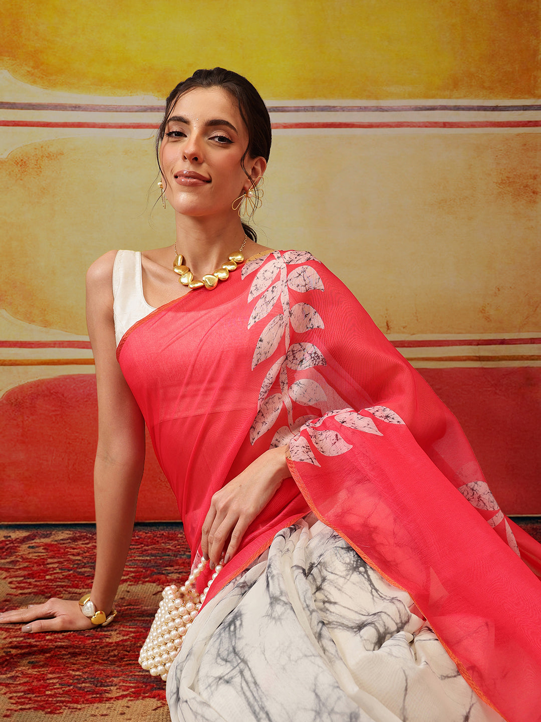 Chanderi Cotton Half & Half Printed Pink Saree