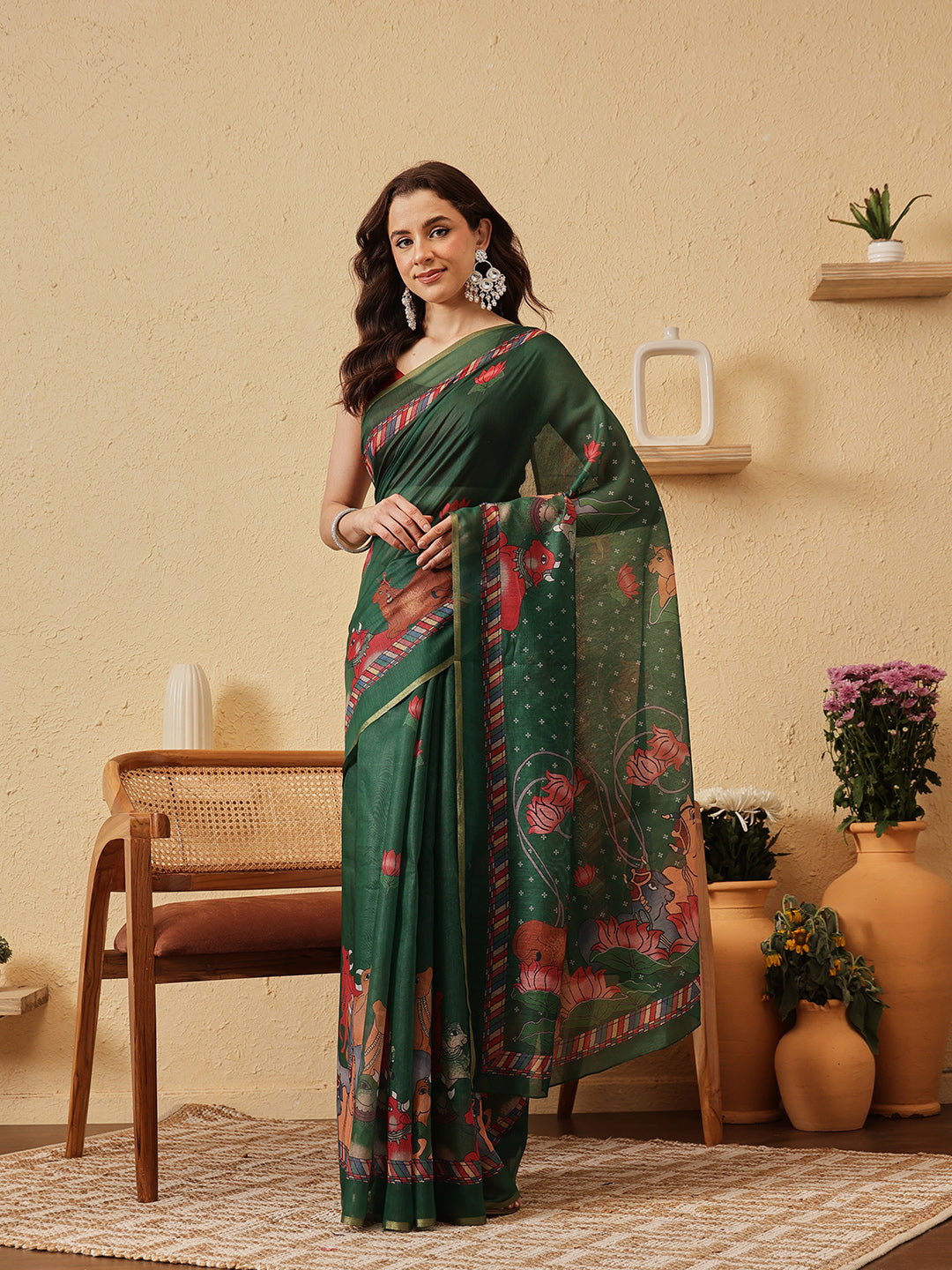 Pichwai Kalamkari Digital Printed Chanderi Saree