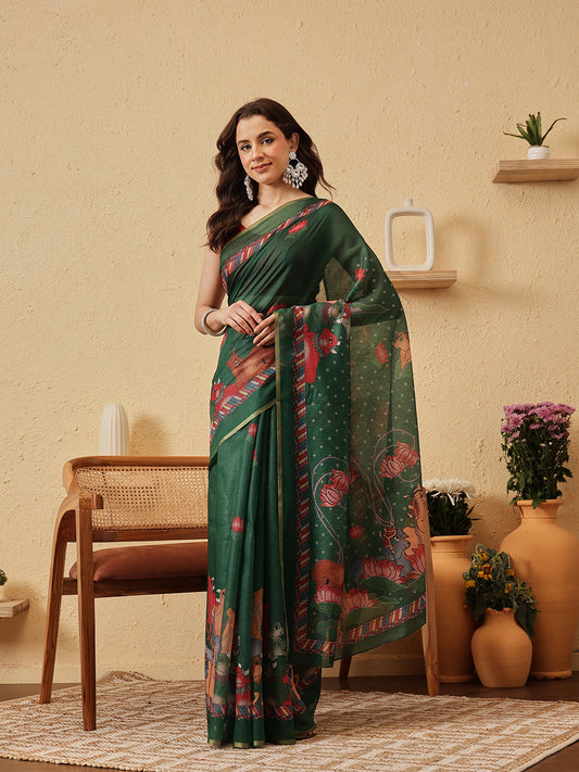 Pichwai Kalamkari Digital Printed Chanderi Saree