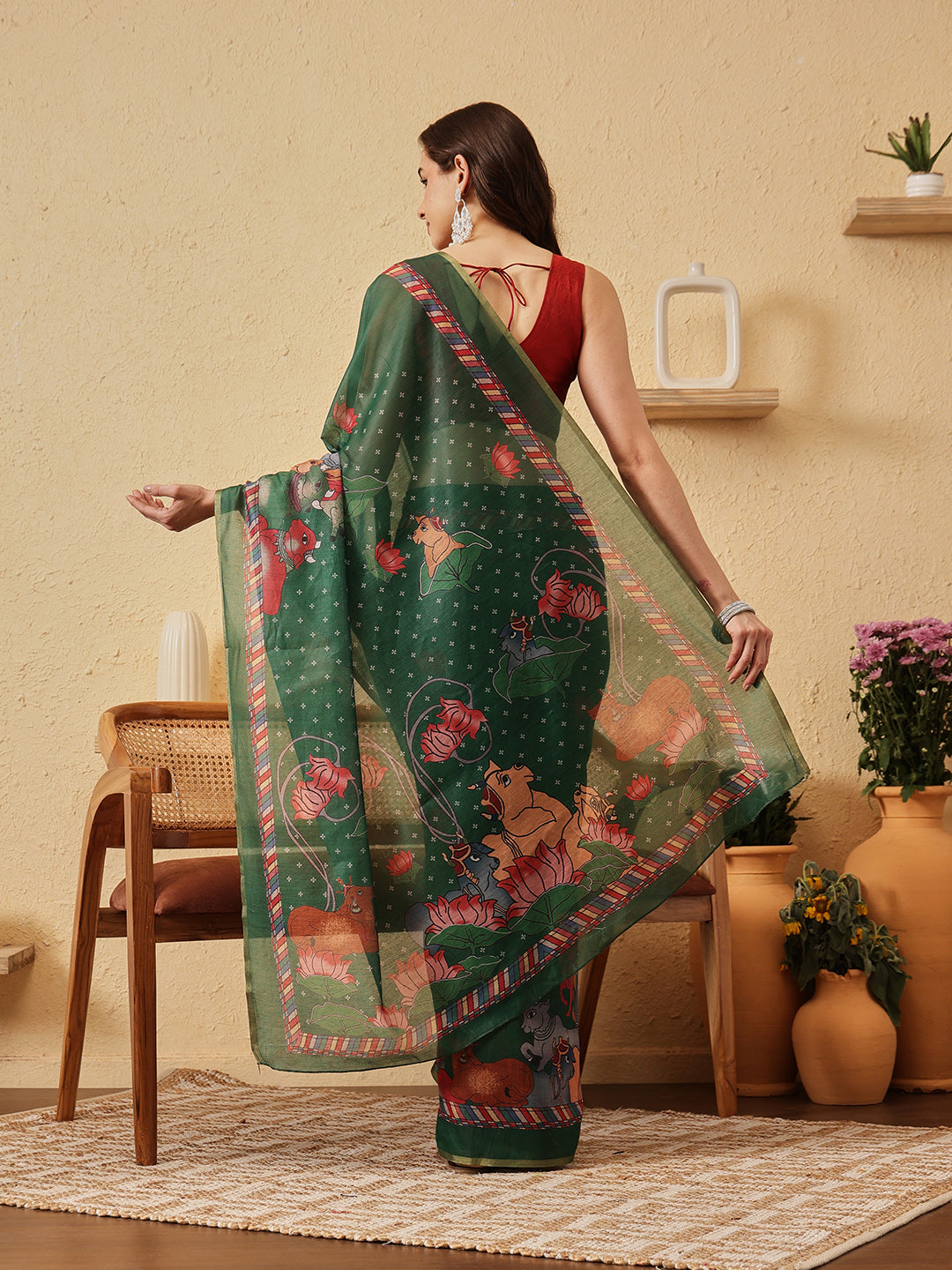 Pichwai Kalamkari Digital Printed Chanderi Saree