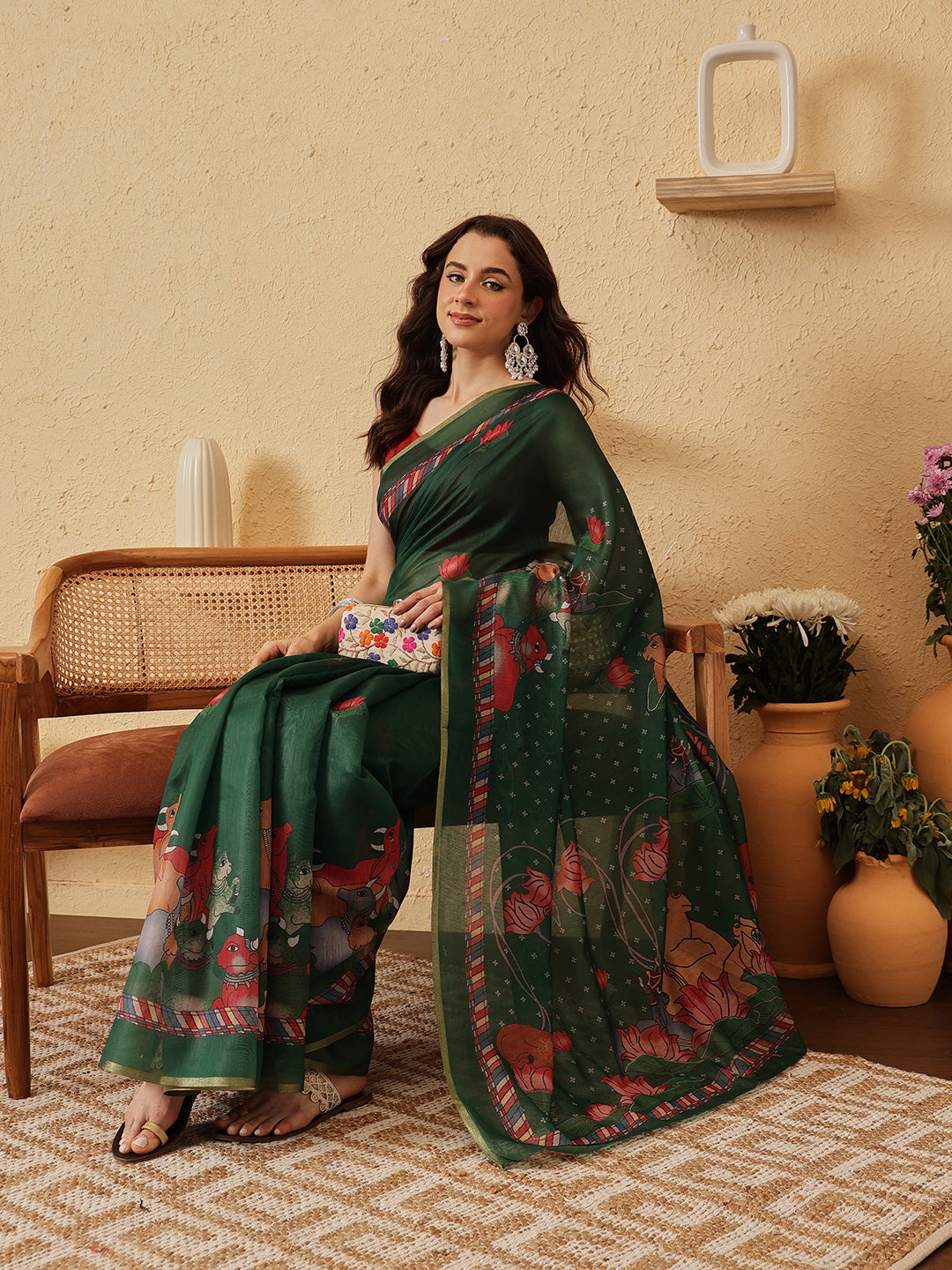 Pichwai Kalamkari Digital Printed Chanderi Saree