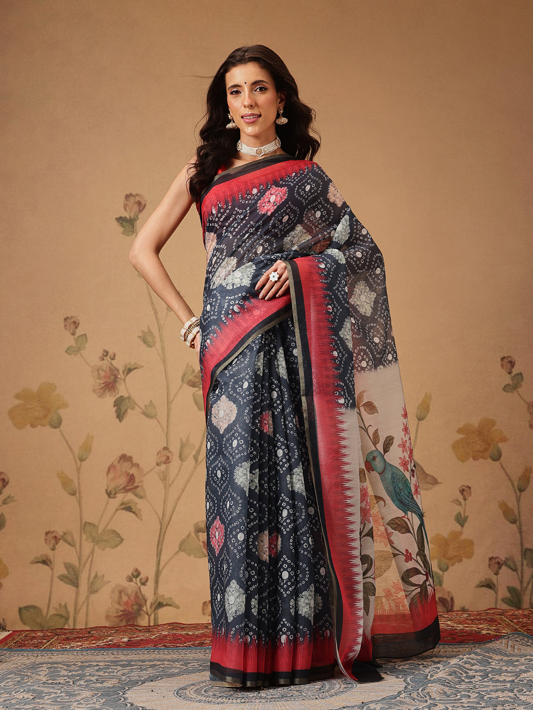 Bandhani Printed Chanderi Saree With Paithani Border