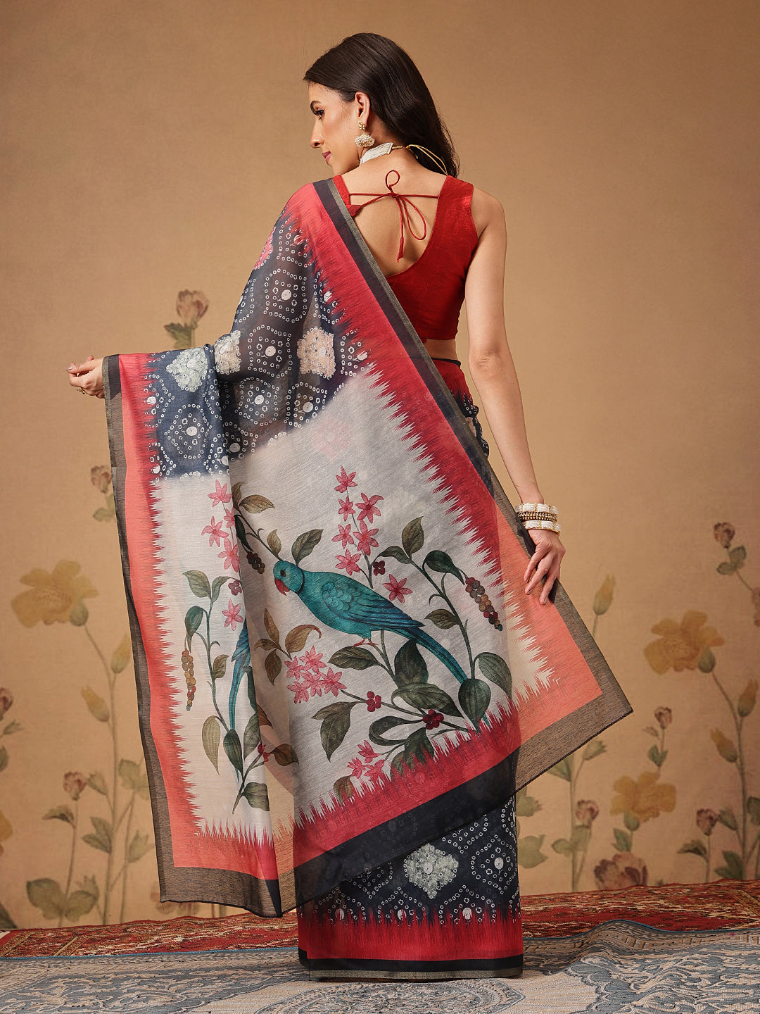 Bandhani Printed Chanderi Saree With Paithani Border