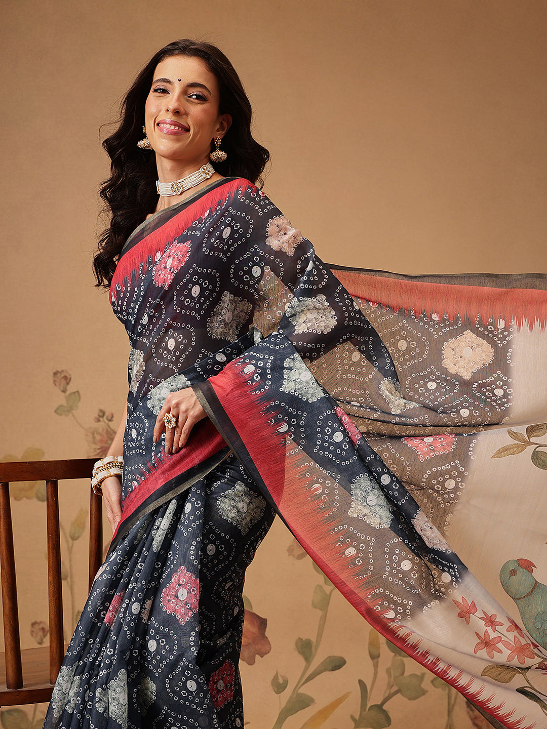 Bandhani Printed Chanderi Saree With Paithani Border