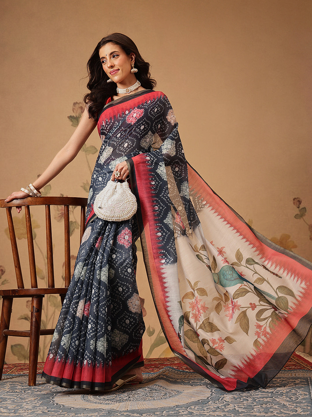 Bandhani Printed Chanderi Saree With Paithani Border