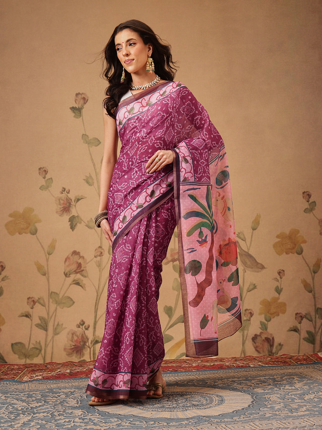 Bandhani Printed Chanderi Saree With Paithani Border