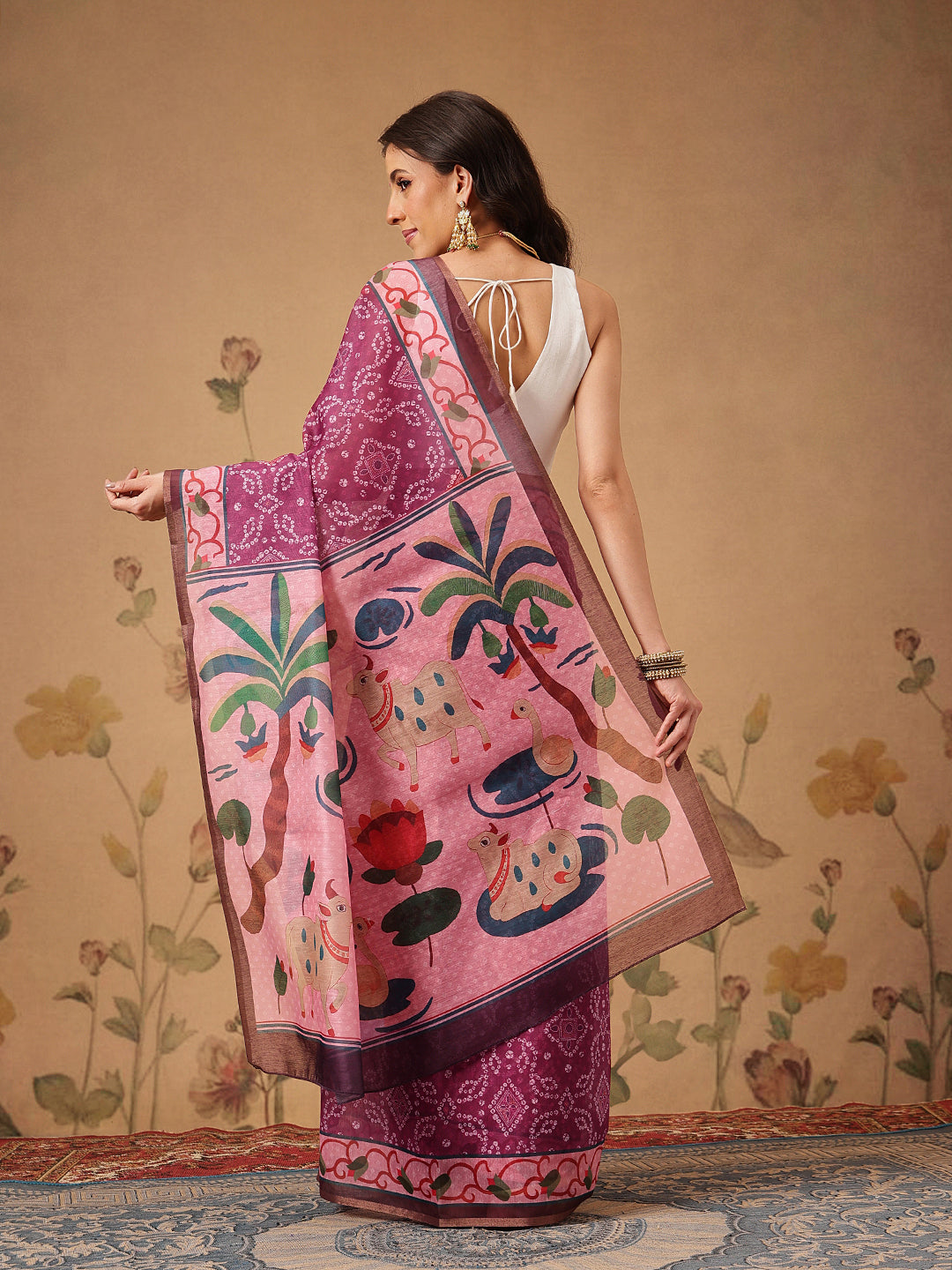 Bandhani Printed Chanderi Saree With Paithani Border