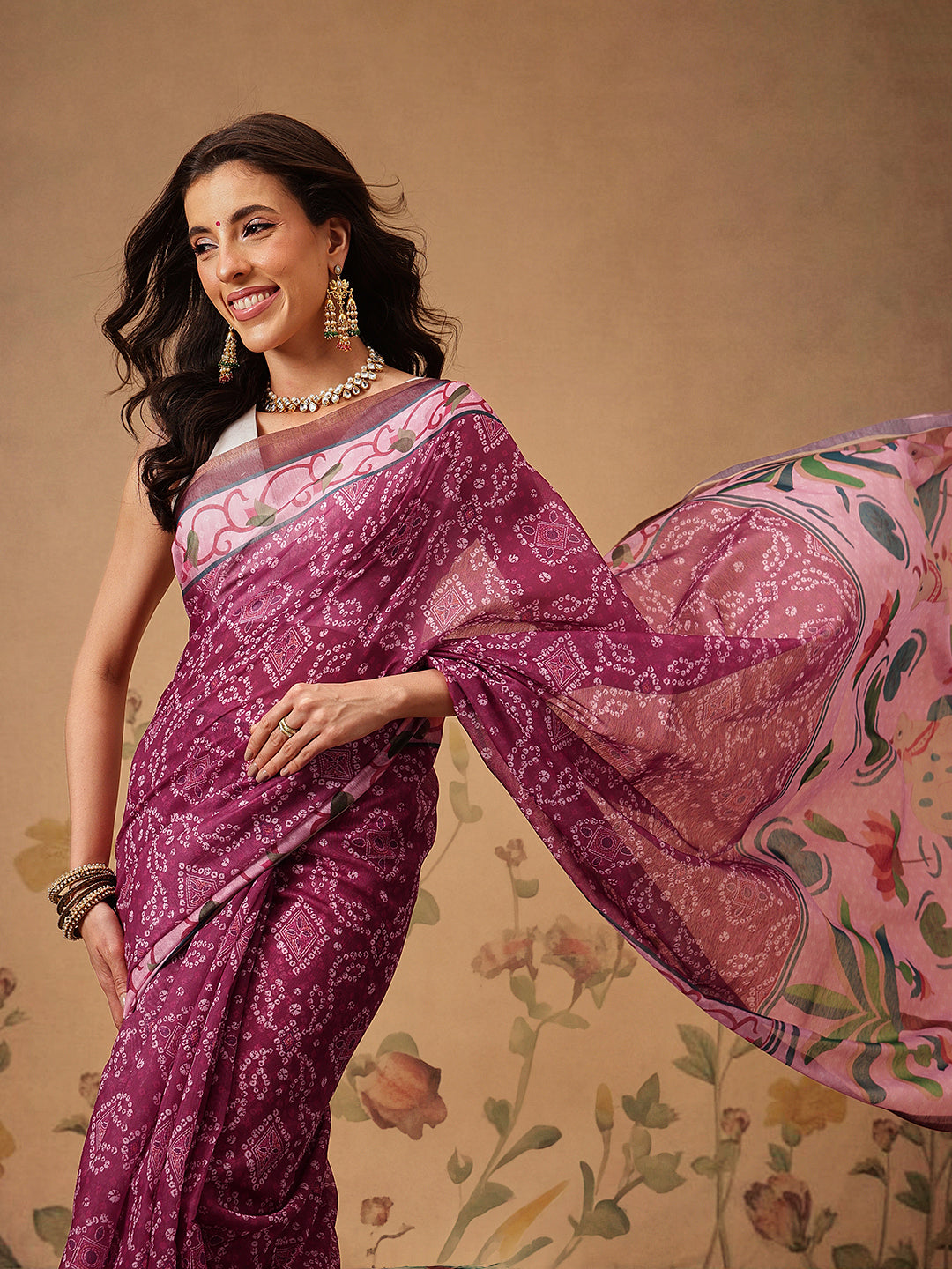 Bandhani Printed Chanderi Saree With Paithani Border