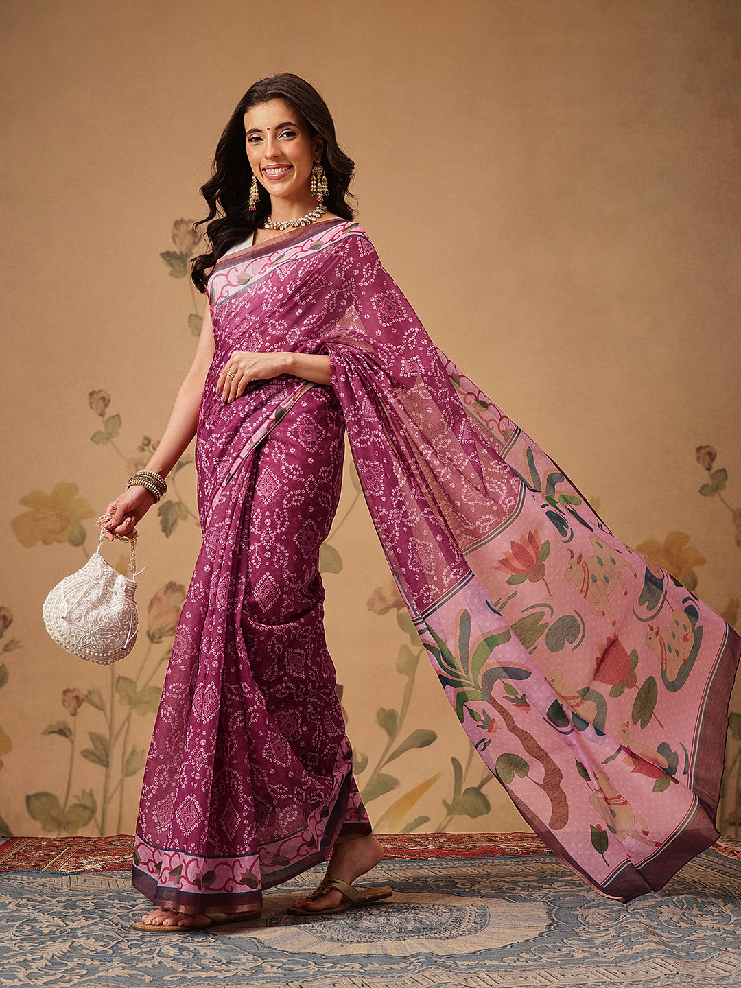 Bandhani Printed Chanderi Saree With Paithani Border