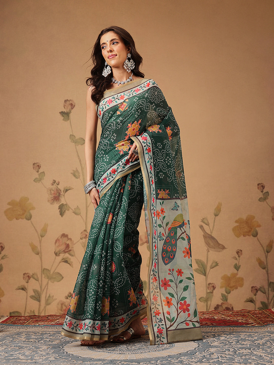 Bandhani Printed Chanderi Saree With Paithani Border
