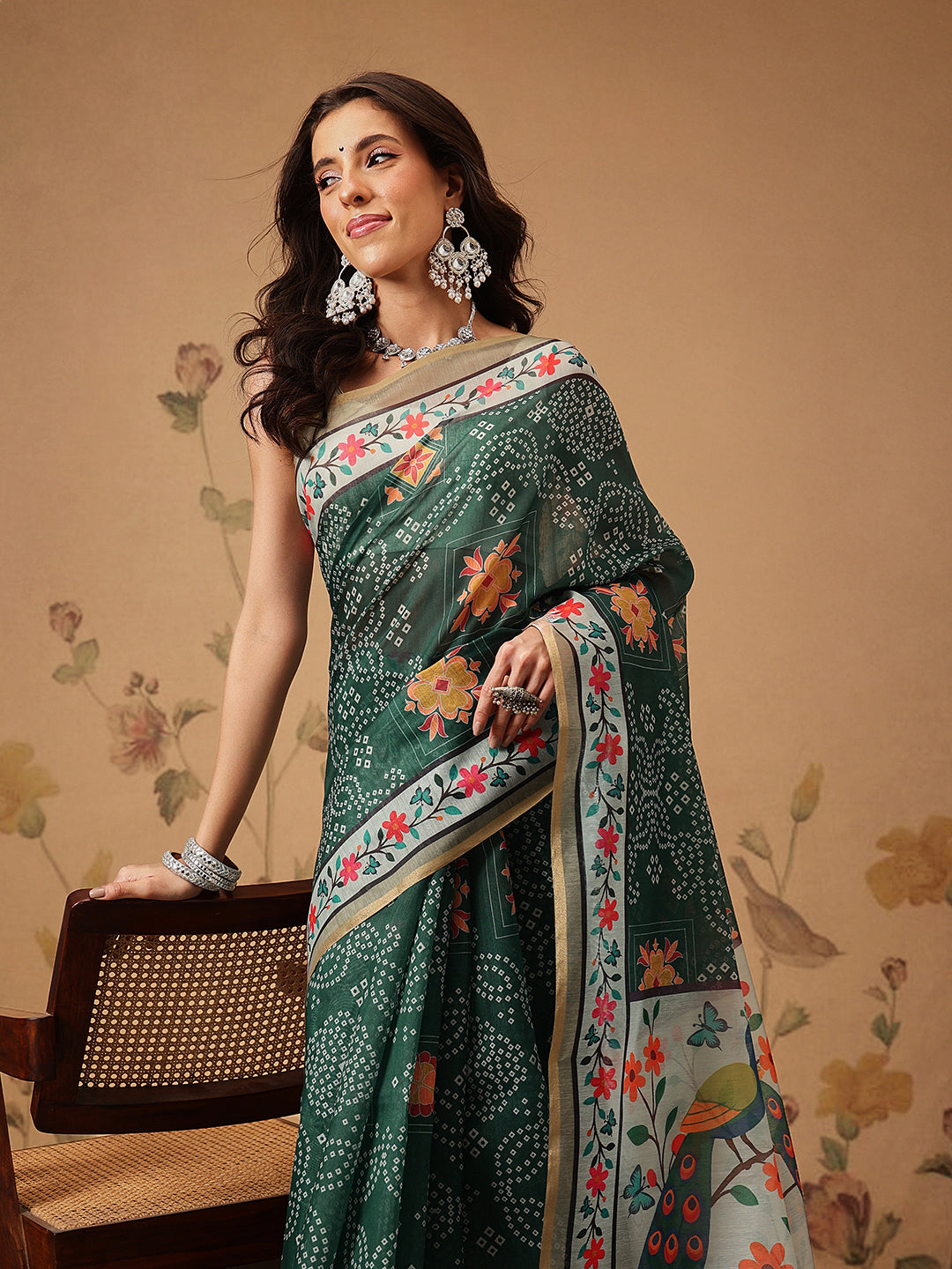 Bandhani Printed Chanderi Saree With Paithani Border