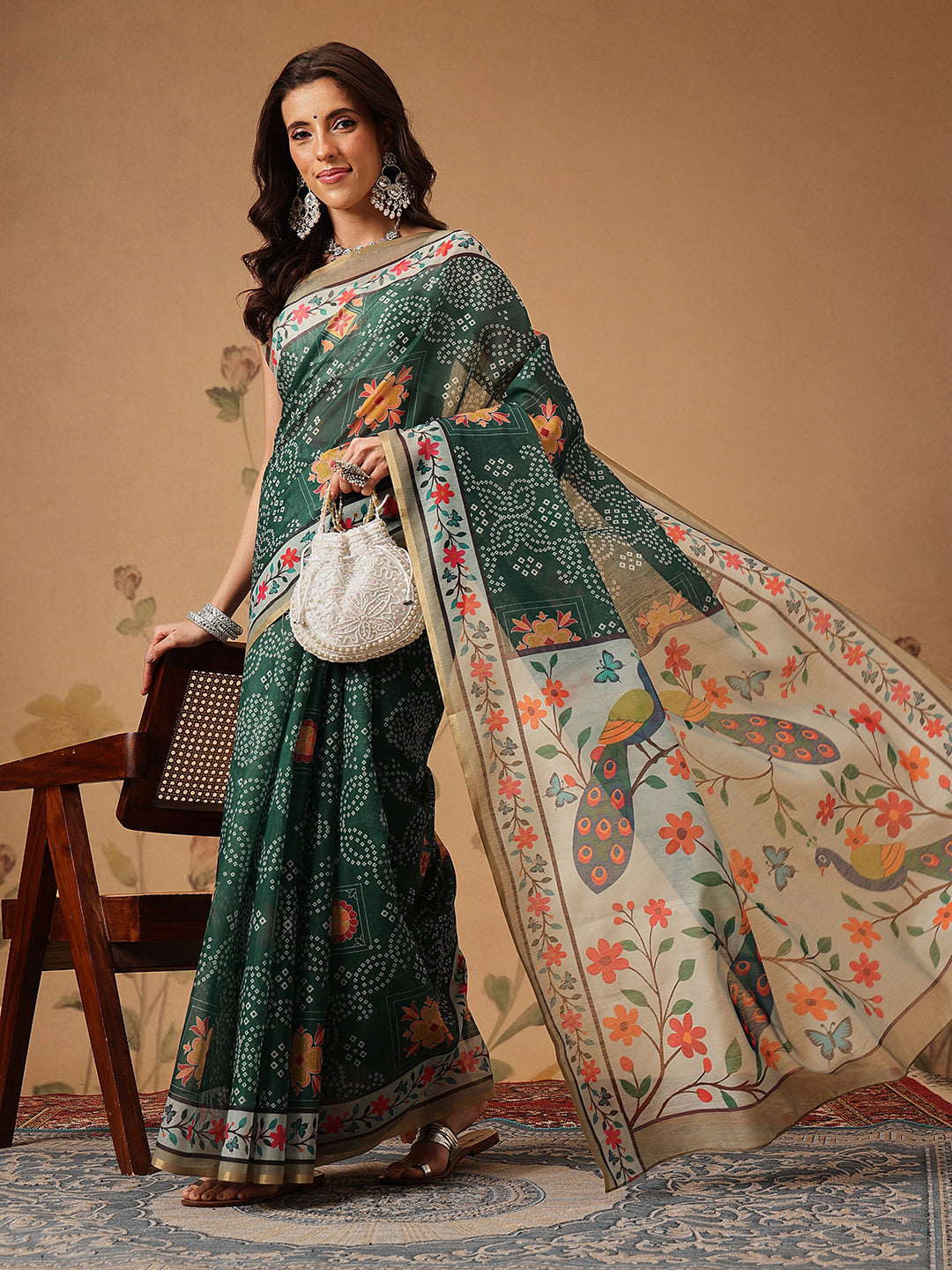 Bandhani Printed Chanderi Saree With Paithani Border