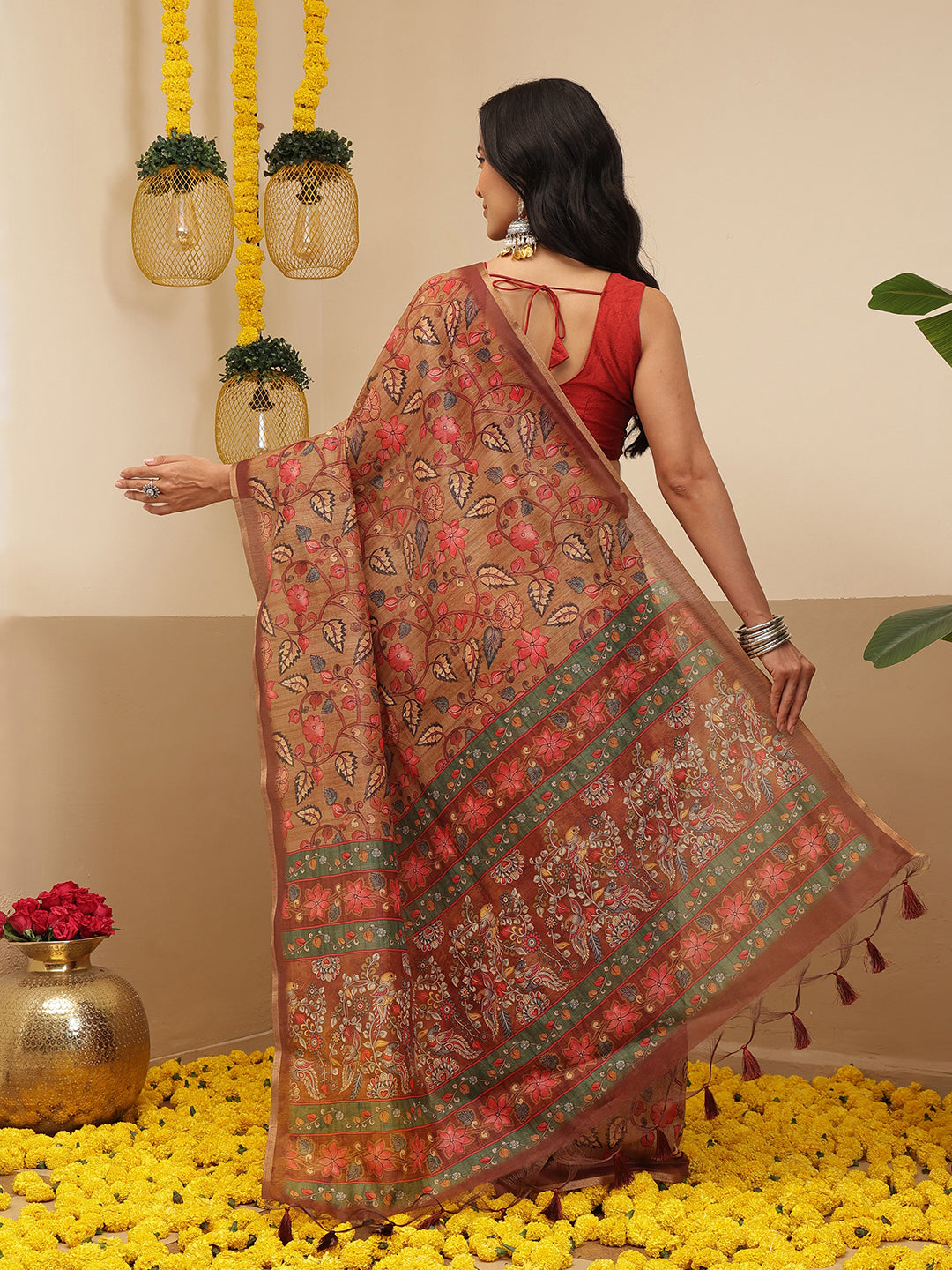 Kalamkari Printed Cotton Chanderi Saree With Beautifull Tassels
