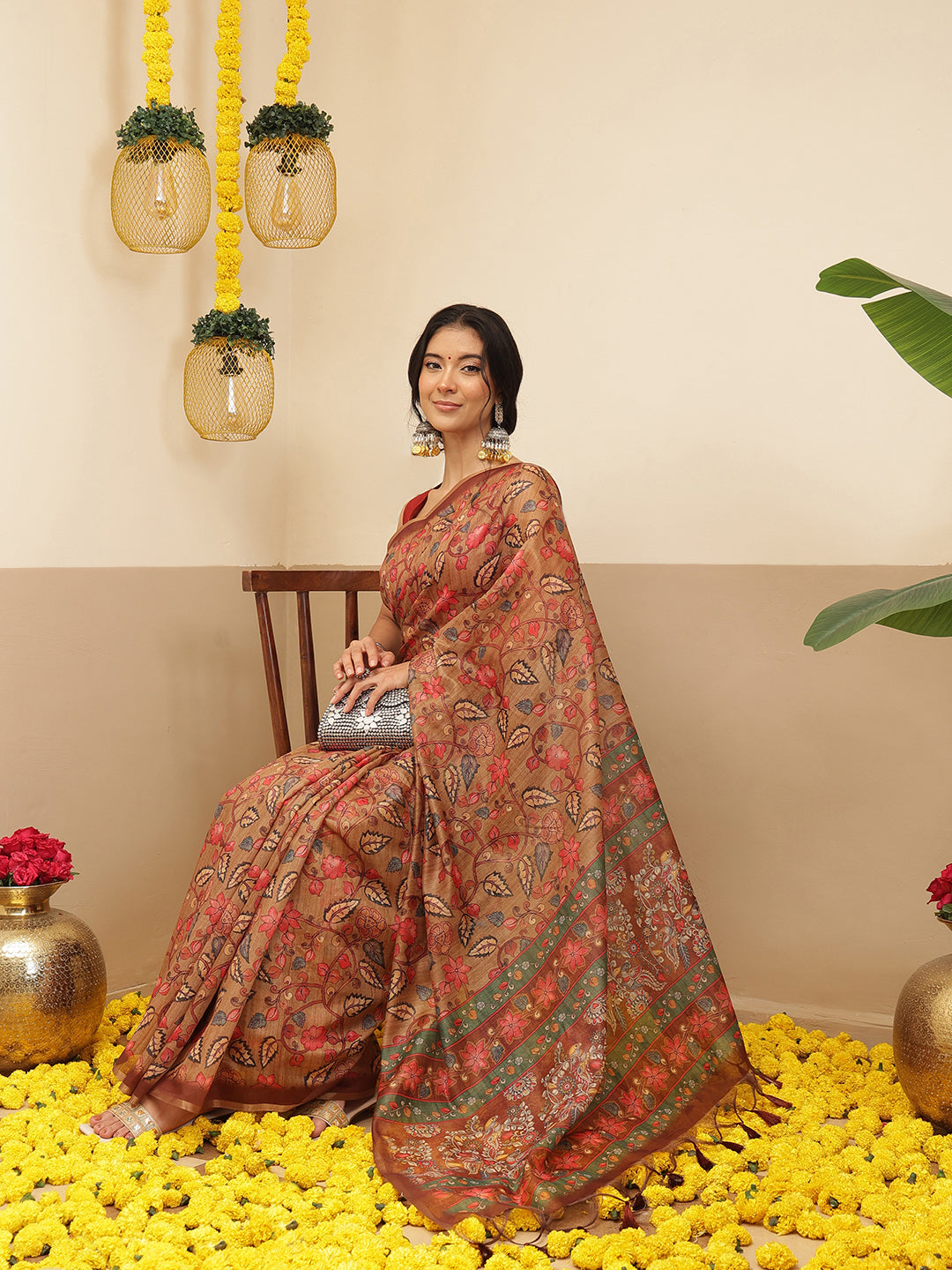 Kalamkari Printed Cotton Chanderi Saree With Beautifull Tassels