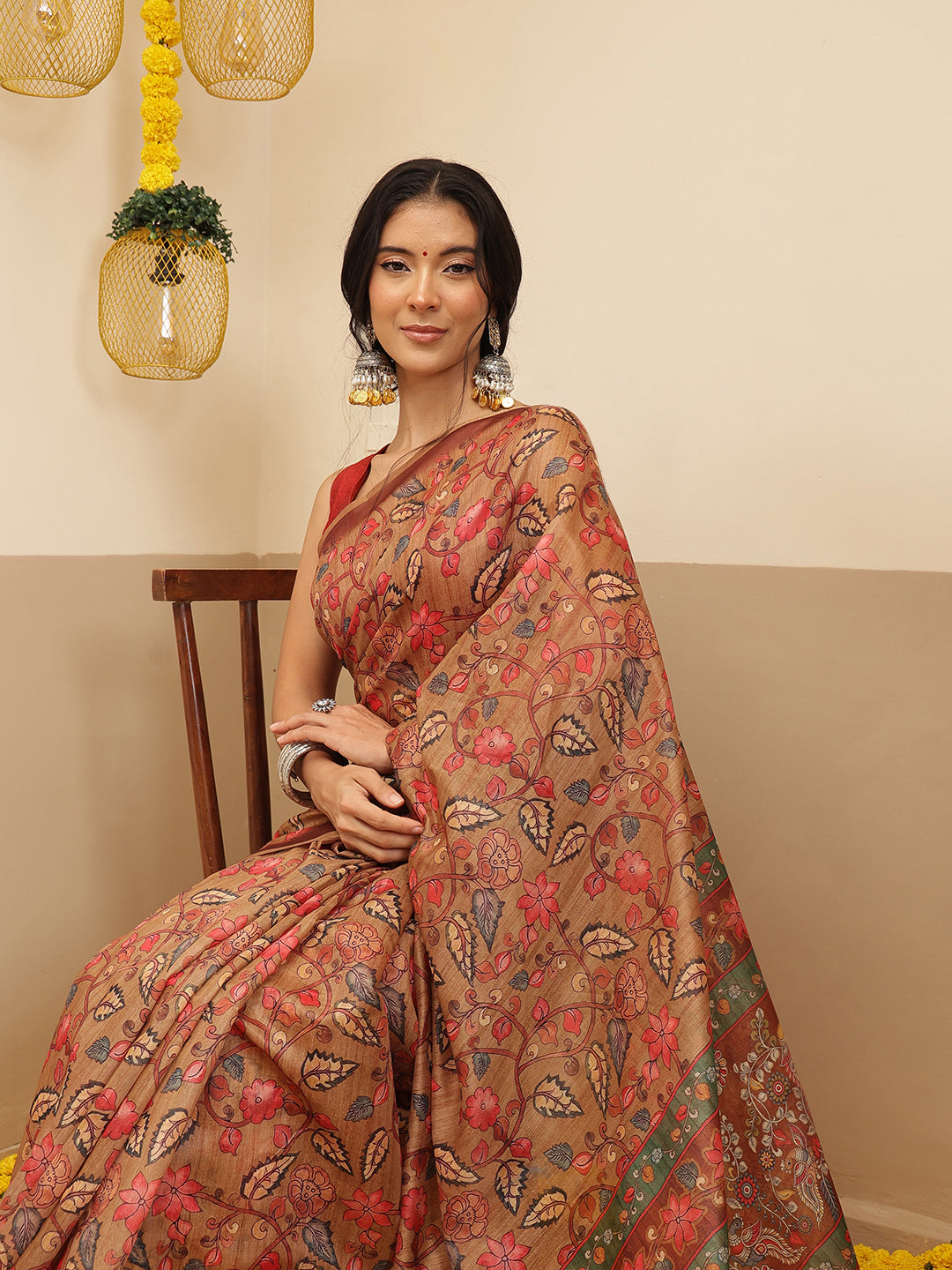 Kalamkari Printed Cotton Chanderi Saree With Beautifull Tassels