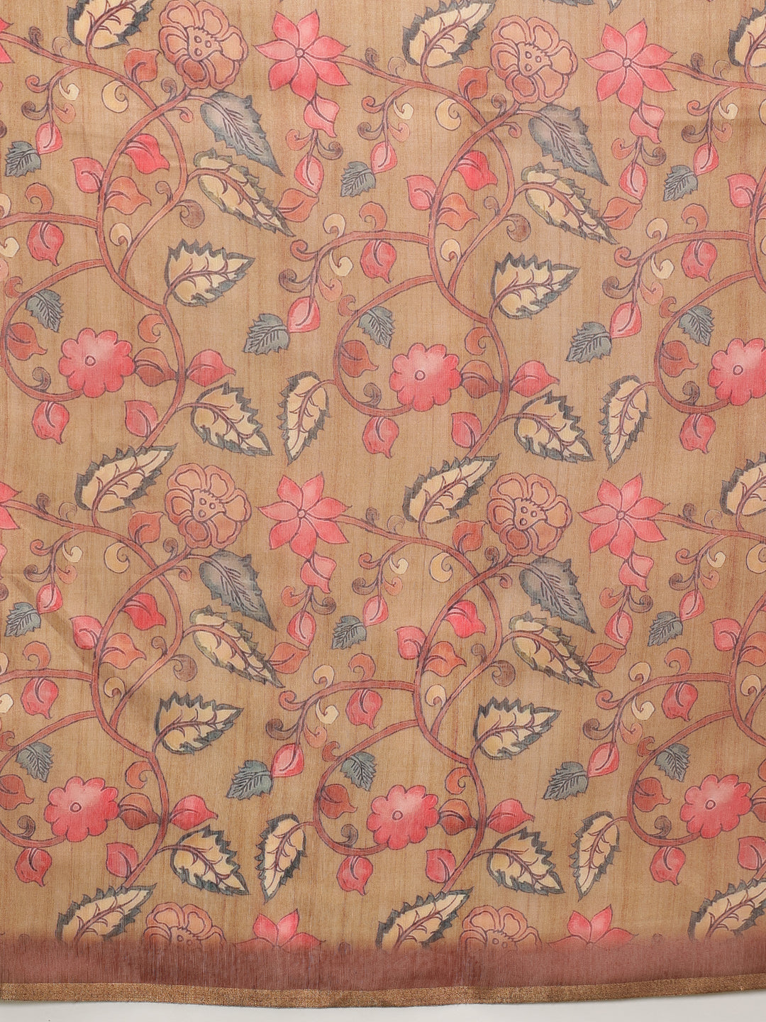 Kalamkari Printed Cotton Chanderi Saree With Beautifull Tassels