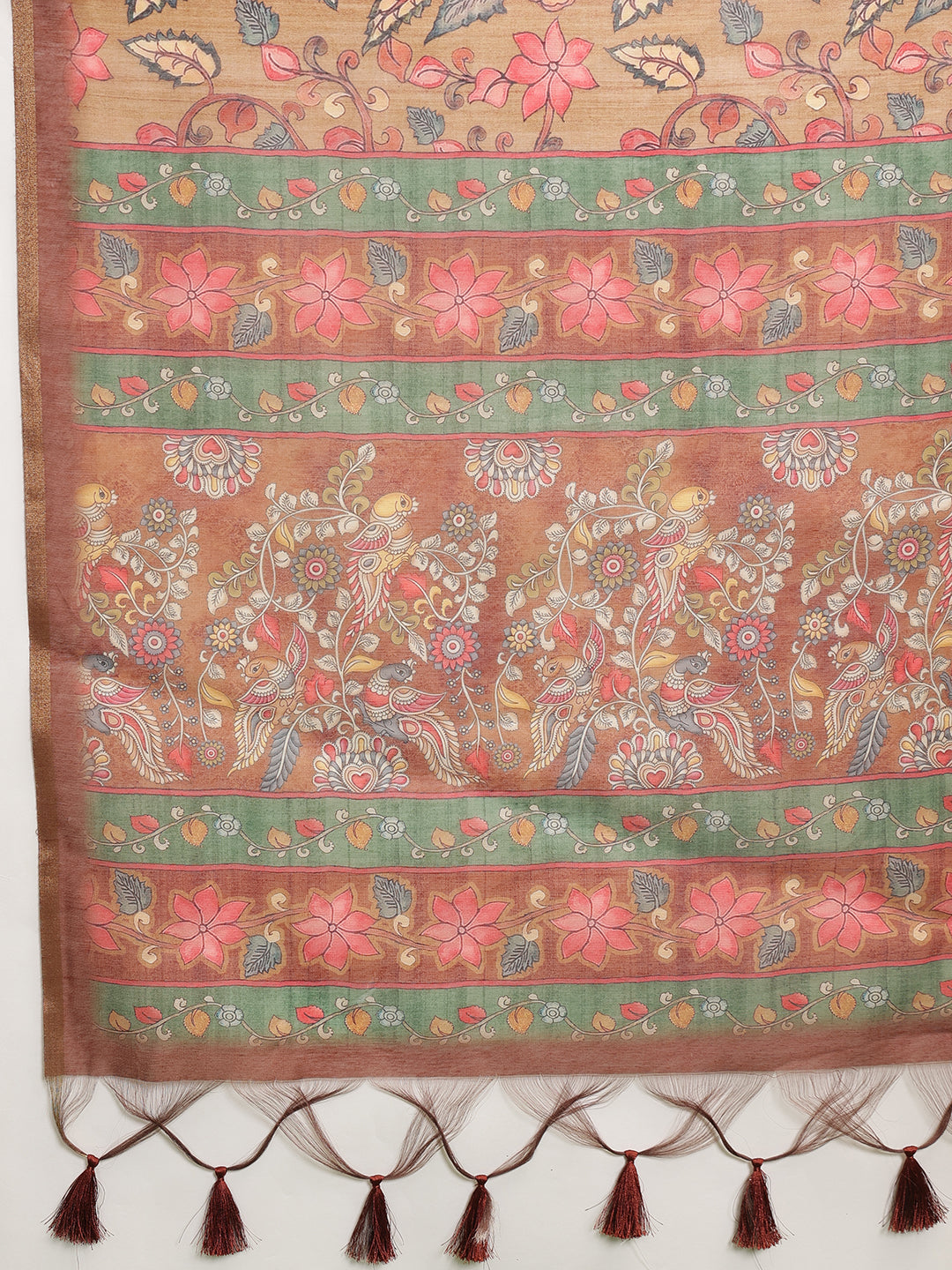 Kalamkari Printed Cotton Chanderi Saree With Beautifull Tassels