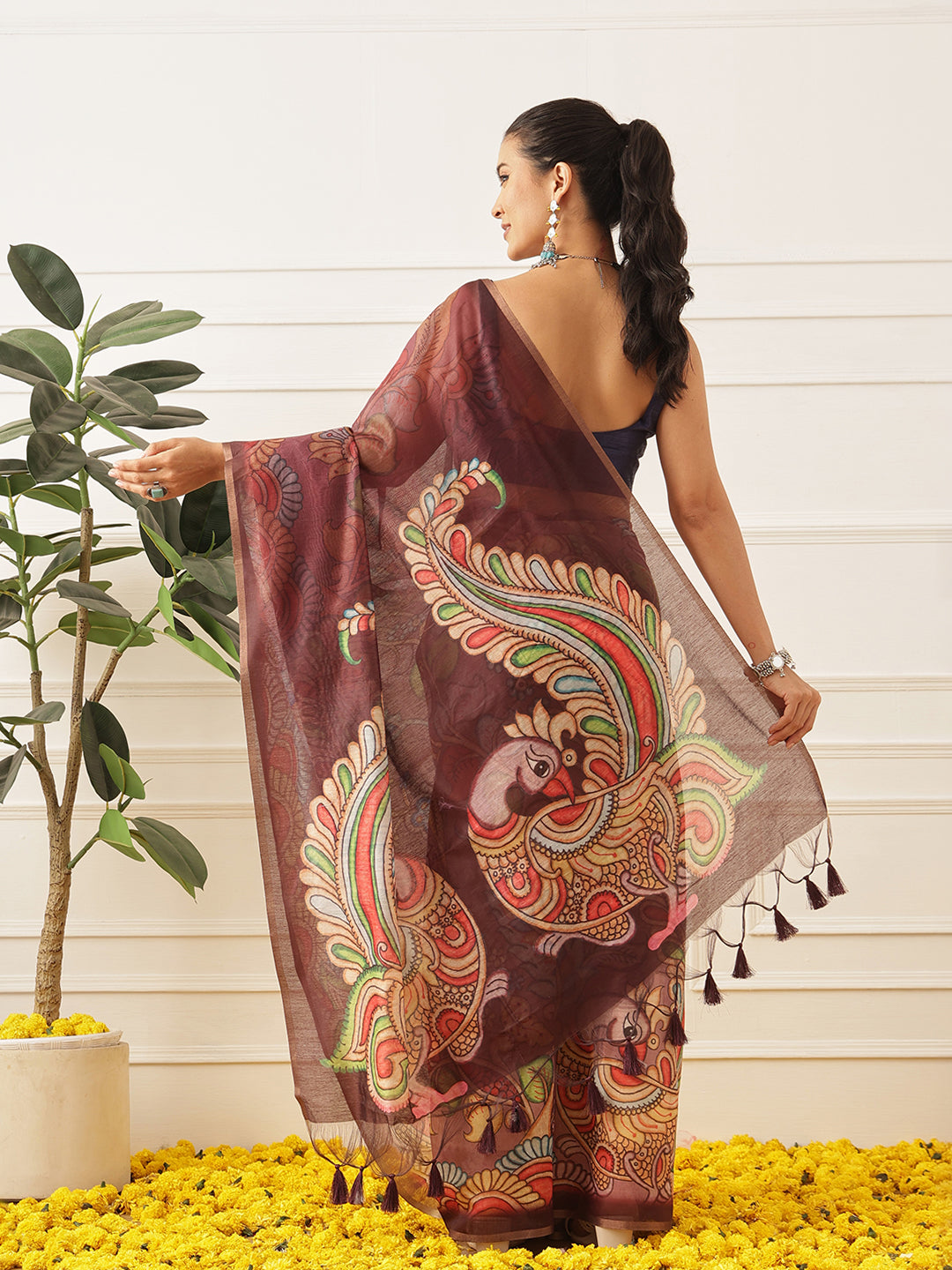 Kalamkari Printed Cotton Chanderi Saree With Beautifull Tassels