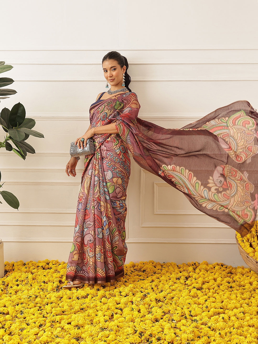 Kalamkari Printed Cotton Chanderi Saree With Beautifull Tassels