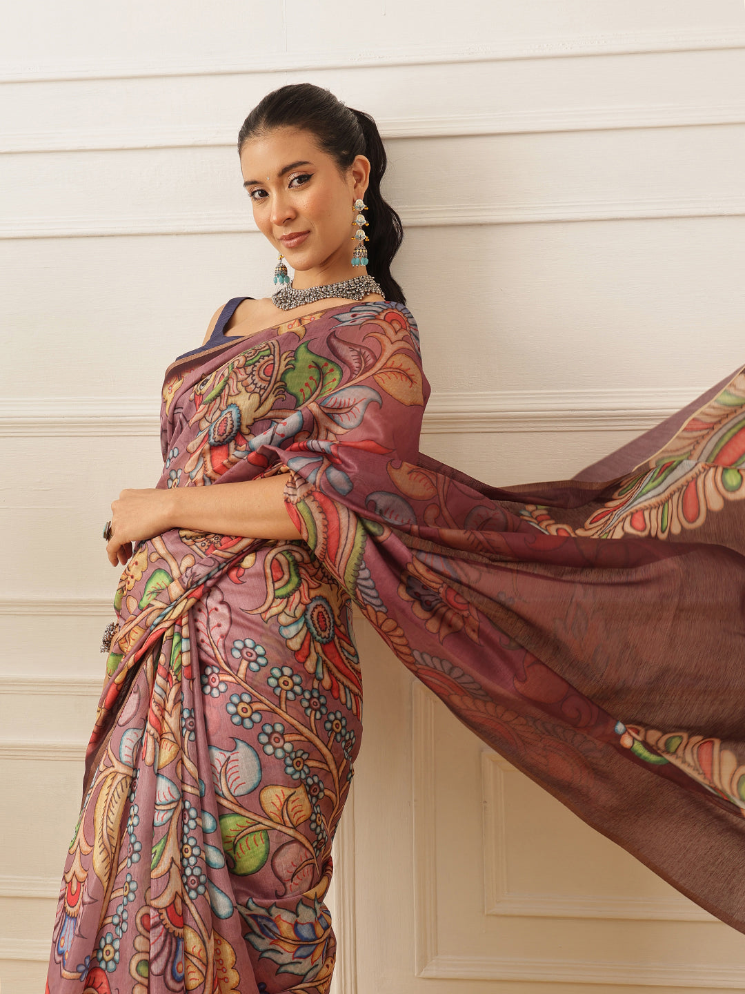 Kalamkari Printed Cotton Chanderi Saree With Beautifull Tassels