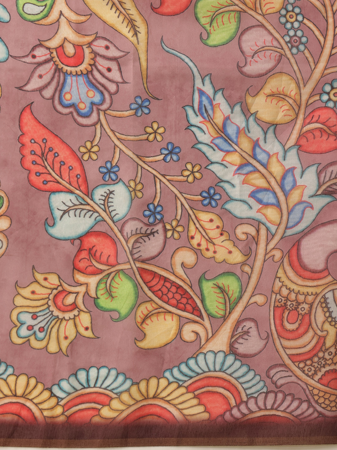 Kalamkari Printed Cotton Chanderi Saree With Beautifull Tassels