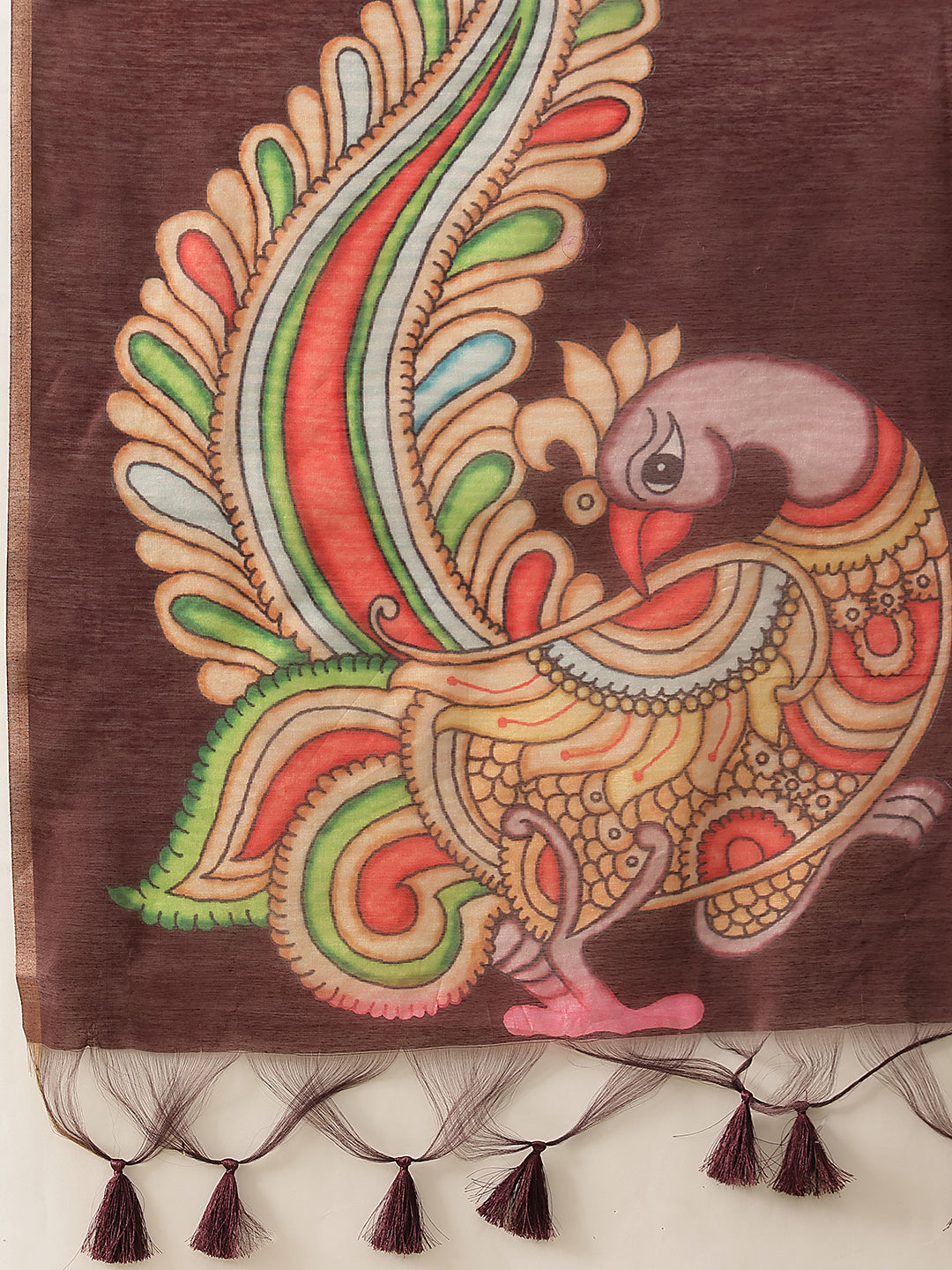 Kalamkari Printed Cotton Chanderi Saree With Beautifull Tassels