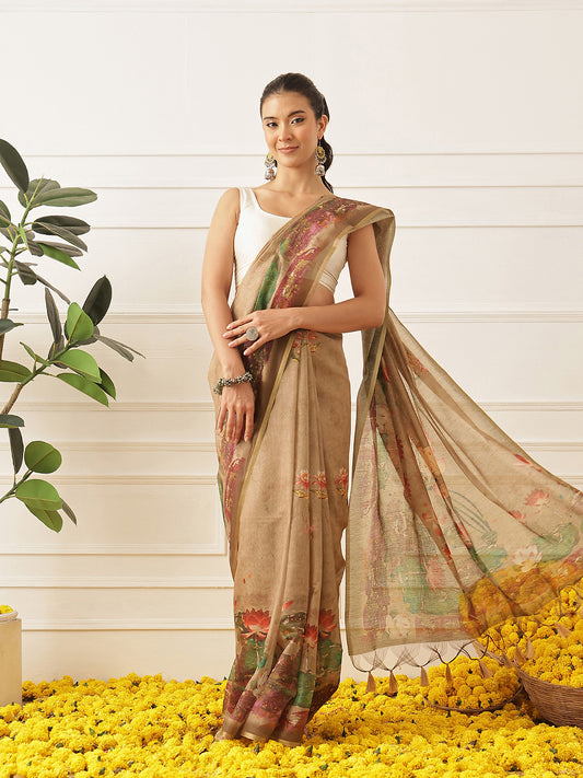 Kalamkari Printed Cotton Chanderi Saree With Beautifull Tassels