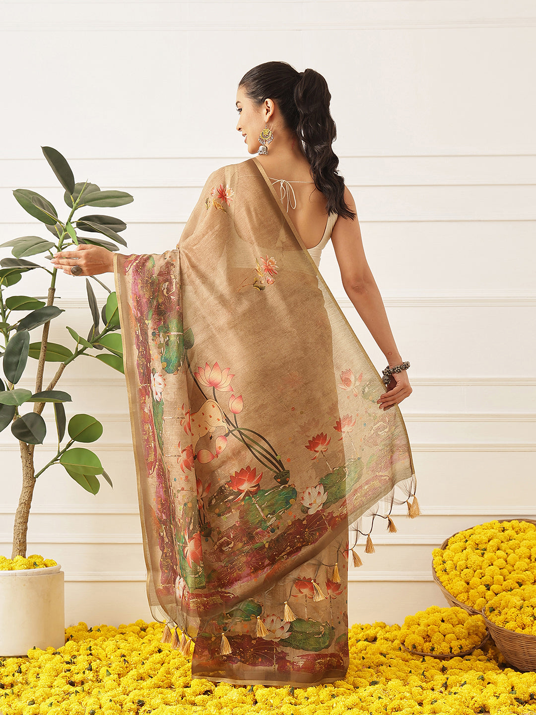 Kalamkari Printed Cotton Chanderi Saree With Beautifull Tassels
