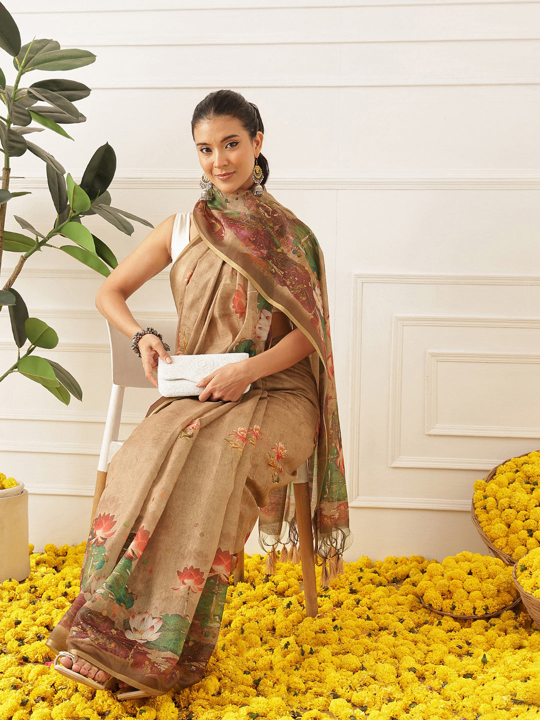 Kalamkari Printed Cotton Chanderi Saree With Beautifull Tassels