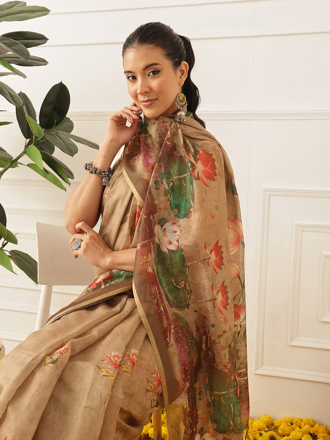 Kalamkari Printed Cotton Chanderi Saree With Beautifull Tassels