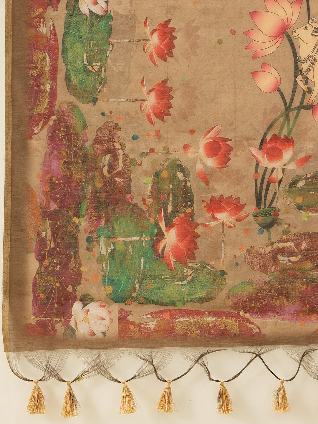Kalamkari Printed Cotton Chanderi Saree With Beautifull Tassels