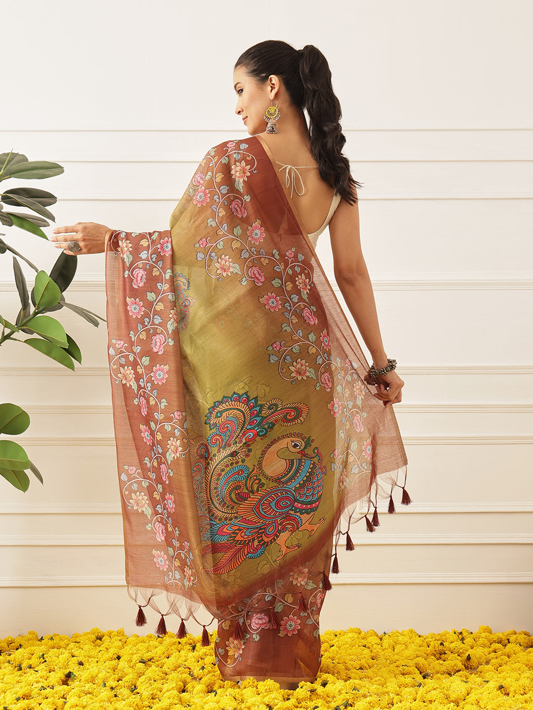 Kalamkari Printed Cotton Chanderi Saree With Beautifull Tassels