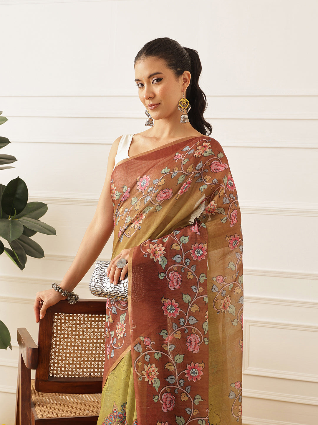 Kalamkari Printed Cotton Chanderi Saree With Beautifull Tassels